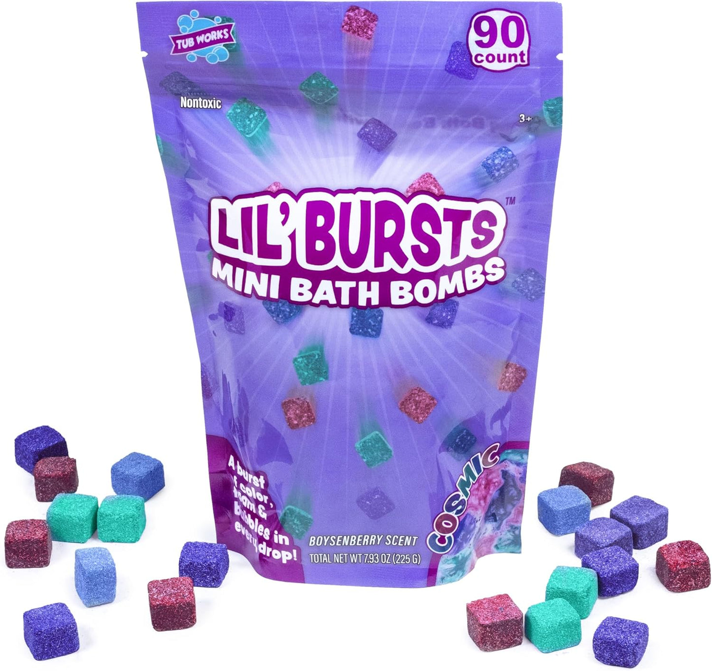 Tub Works® Lil' Bursts™ Mini Bath Bombs for Kids, 90 Count, Cosmic | Nontoxic | Tiny Kids Bath Bombs with A Burst of Color, Foam & Bubbles | Customize Kids Bath with Fun Bath Colors | Create Tub Art