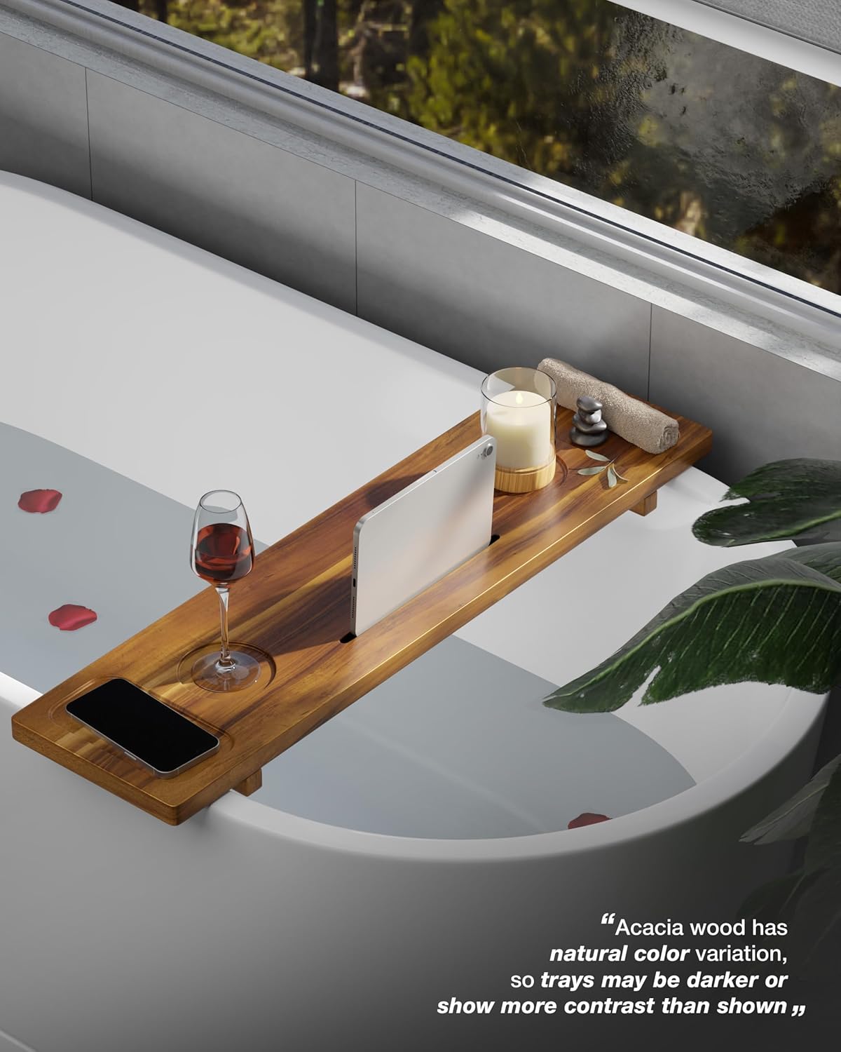 Bathtub Tray, Acacia Bath Tray for Tub, 34.6''x9'' Wooden Bathtub Caddy Tray with Adjustable Legs Fit Various Bathtubs, Anti-Tipping, Sustainable Bath Table with Wine Glass and Tablet Holder