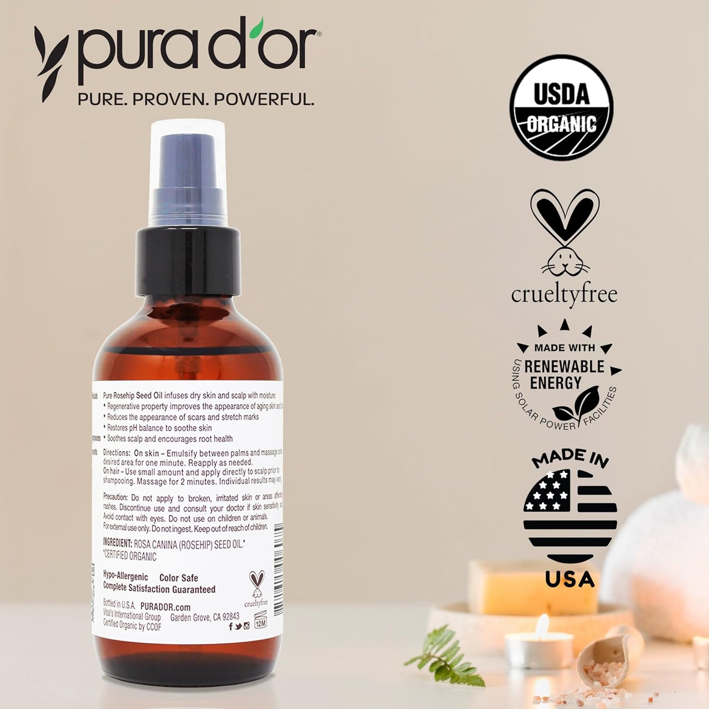 PURA D'OR ORGANIC Rosehip Seed Oil 100% Pure Cold Pressed USDA Certified For Hair, Skin, Scalp, Anti Aging Face & Body - Hexane Free Glass Bottle - 4 Oz - Hair Regrowth Tonic