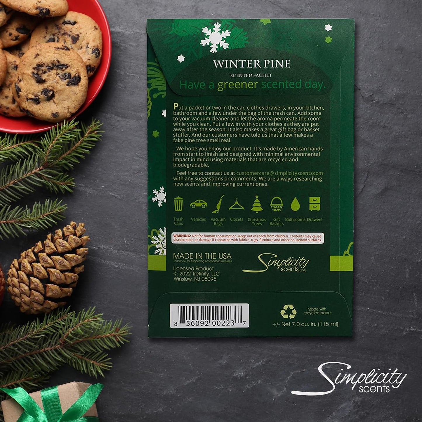 Simplicity Scents Winter Pine Scented Sachets Pack of 6, Fall & Winter - Long-Lasting Scented Bags, Home Fragrance, Air Freshener & Deodorizer for Closet, Room, Drawer, or Cars, Made in USA