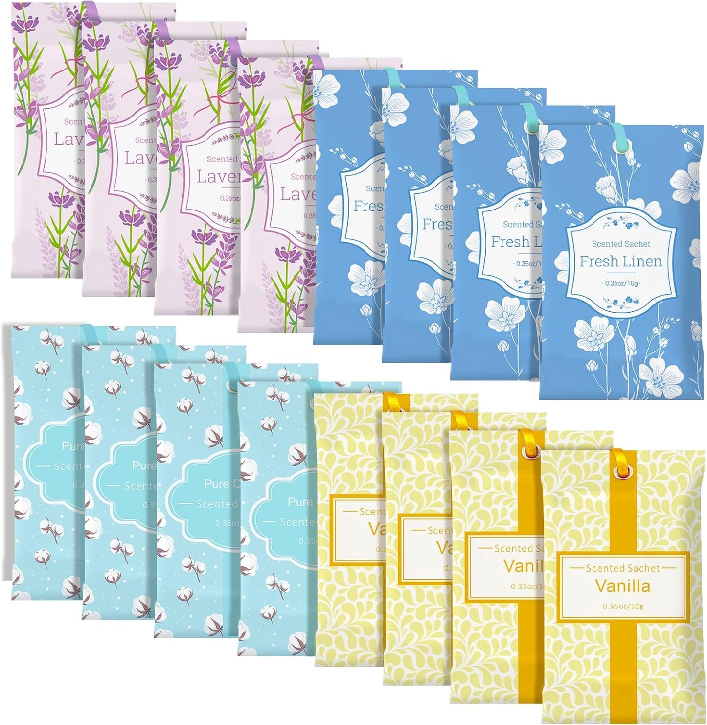 SCENTORINI Sachets for Drawers and Closets, Sachets Bags Long-Lasting, 16 Pack, Lavender Linen Vanilla Cotton, Home Fragrance Sachet for Cupboard, Wardrobe, Suitcases, Shoecases