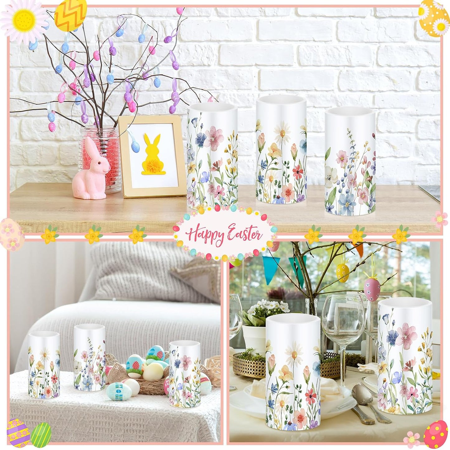 Retisee 3 Pcs Spring Wildflower Flameless Candles Spring Floral Battery Operated Flickering LED Candles with Remote Floral Gifts Decoration for Easter Wedding Table Centerpieces Home Living Room Decor