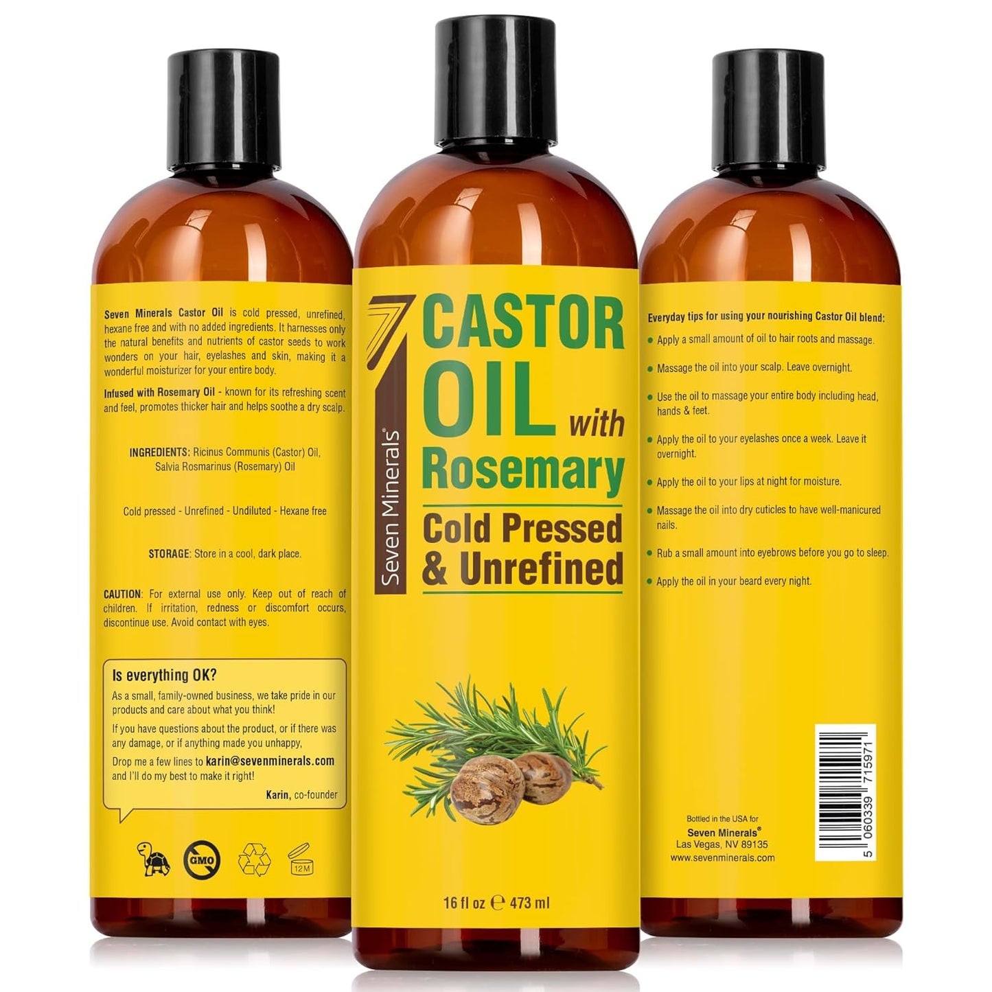 Seven Minerals Cold Pressed Castor Oil with Rosemary - 16 fl oz Bottle - Unrefined & Hexane Free - Hair Growth, Thicker Eyelashes & Eyebrows, Dry Skin Care, Joint and Muscle Pain (Pack of 1)