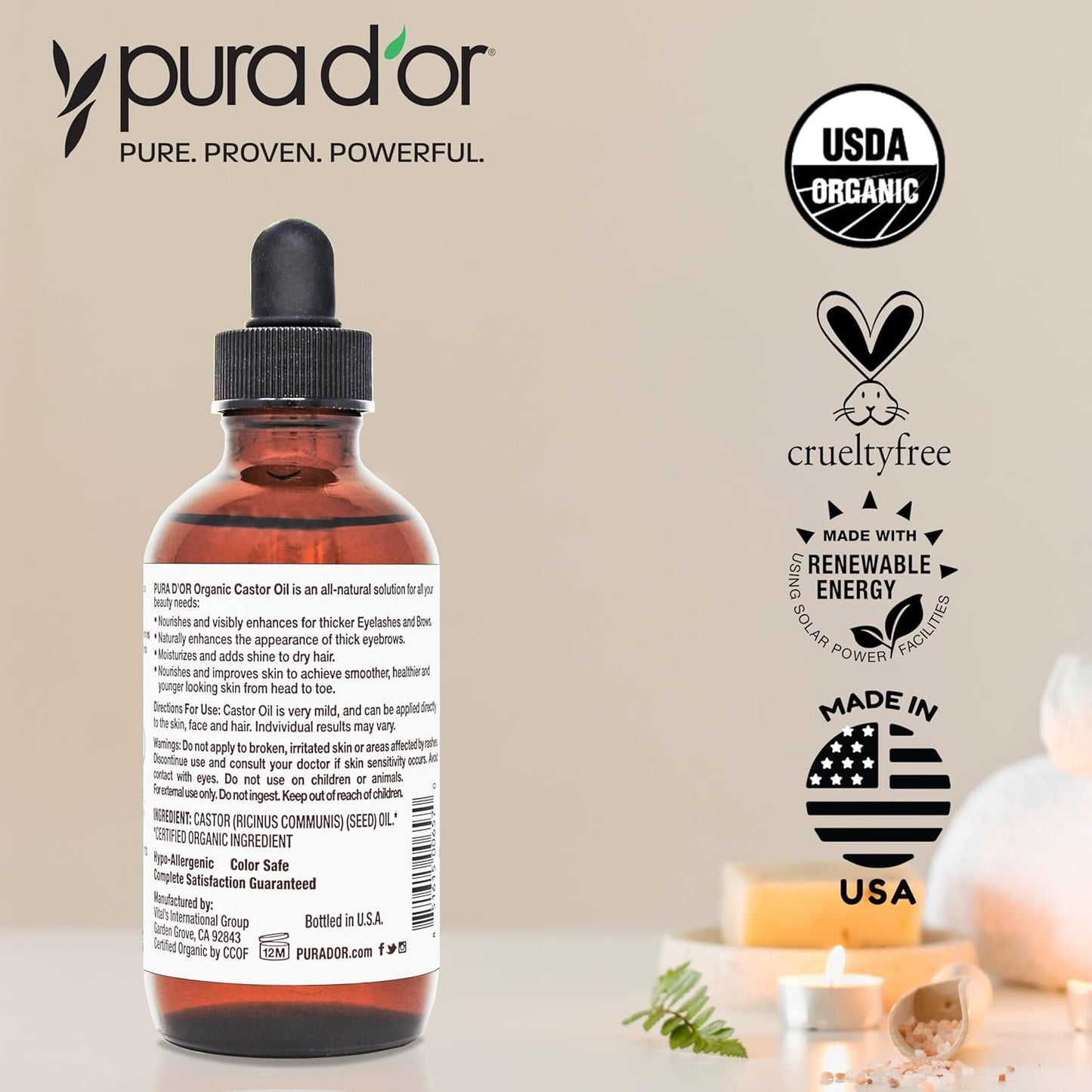 PURA D'OR Organic Castor Oil – Pure Cold-Pressed, Hexane-Free, USDA Certified - Hair, Lashes, Brows, Scalp, Skin: Supporting Softness, Strength, Hydration, Shine & Radiance 4 Oz Hair Regrowth Tonic