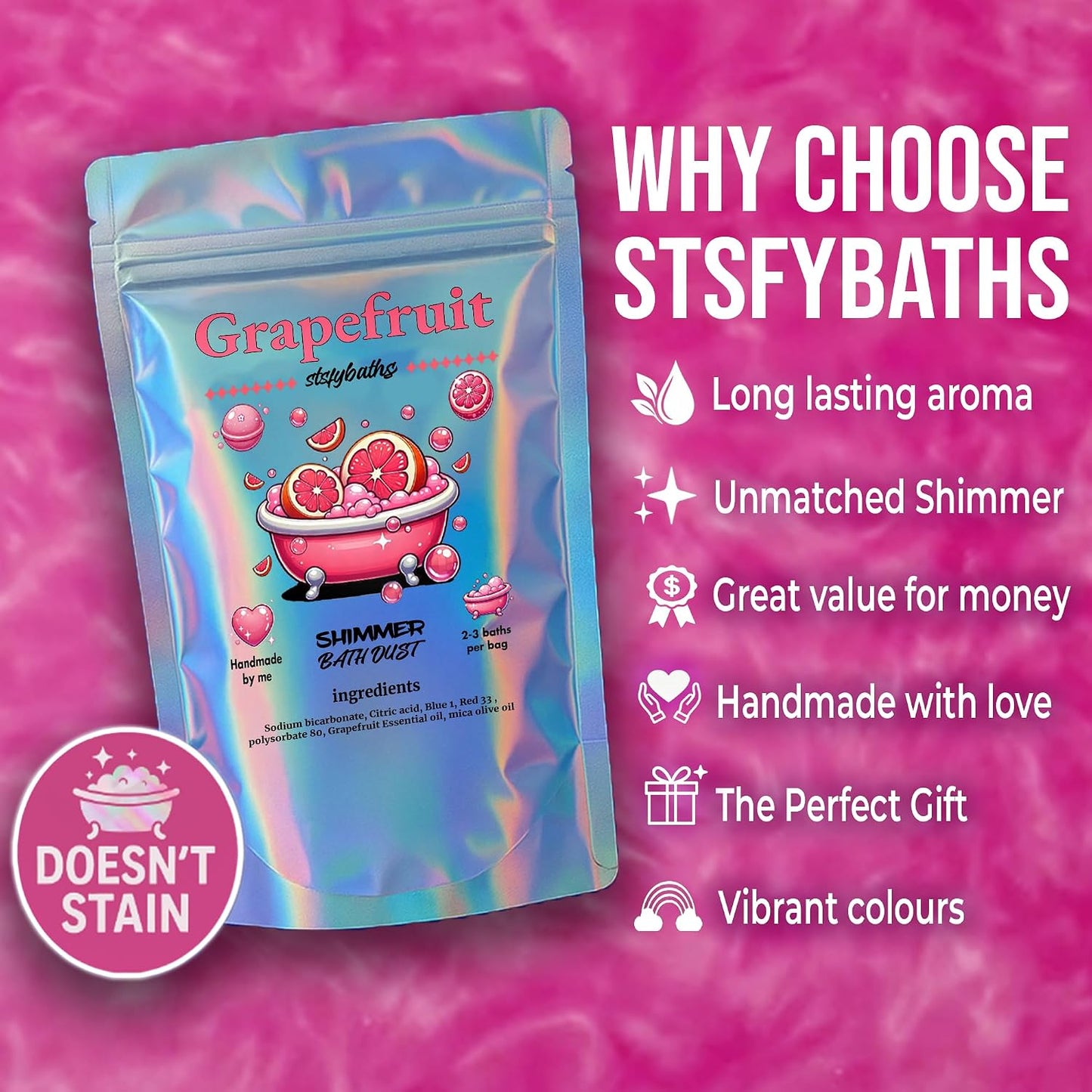 Pink Grapefruit Shimmer Bath Bomb in A Bag - Handmade Essential Oil Scented Bath Bombs for Women,Kids and Men - Bulk Bathbomb Fizzies Perfect for Boys and Girls All Ages (Small, Pink)
