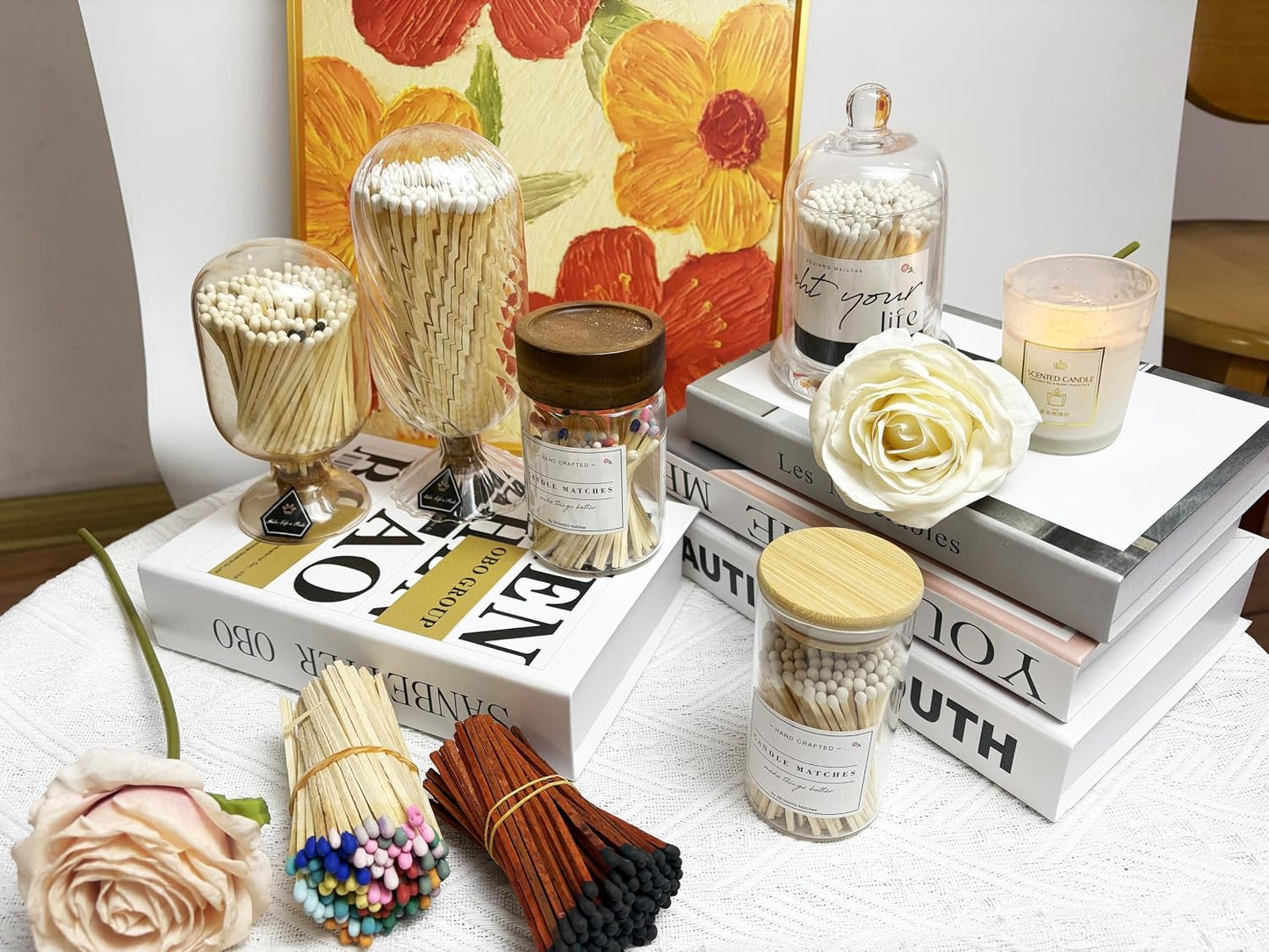 100 Pcs 2.55'' Decorative White Matches in a Jar with Striker, Safety Matches for Candles, Match Holder with Striker, Match Cloche with Striker, Long Fireplace Matches for BBQ Grill, Candle Matches