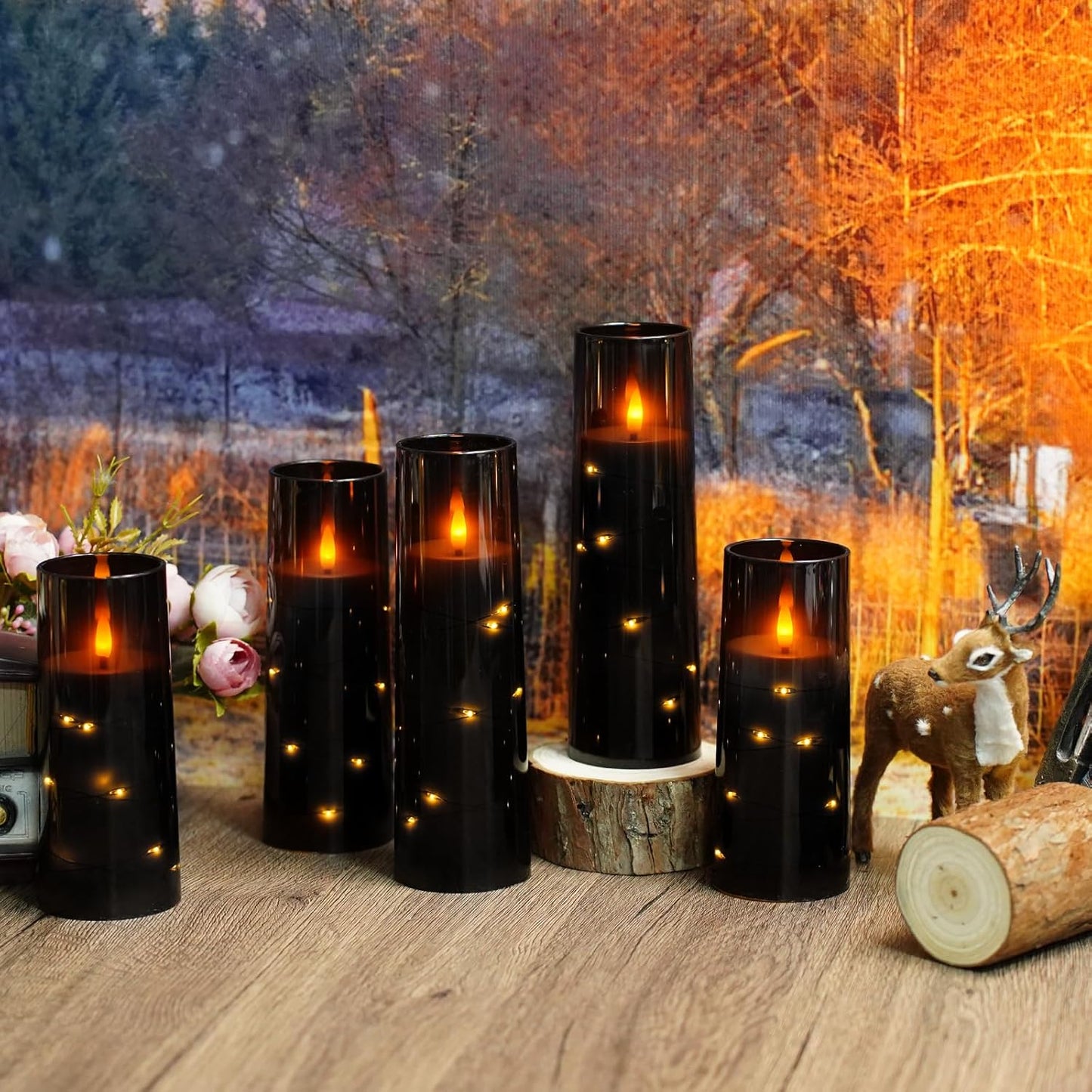 Flameless Candles,with Embedded Star String, Battery Operated Candles Flickering LED Pillar Candles with Remote Control and Timer, Home Decoration Add a Warm and Romantic Atmosphere,Set of 7 (Black)