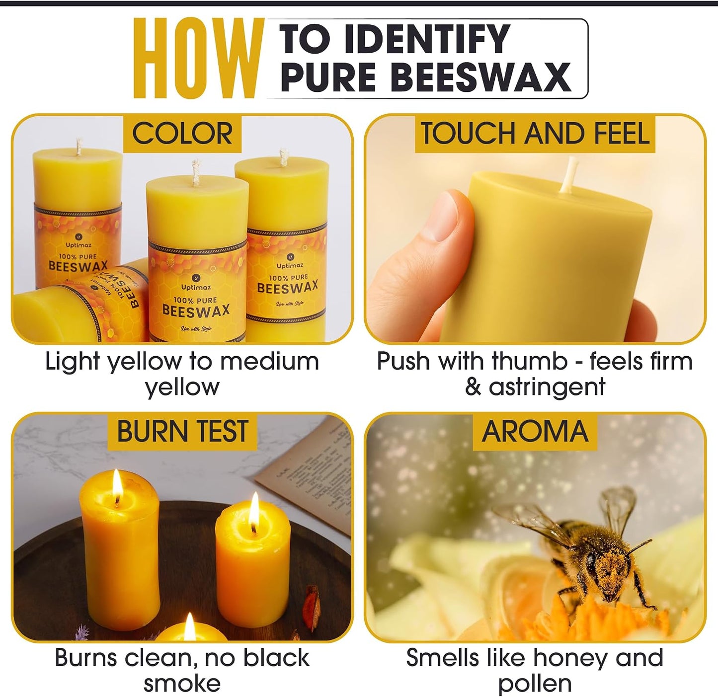 Beeswax Pillar Candles Set of 4, 2x4 Inch, 100% Beeswax Candle with Cotton Wick, Long Burning, Dripless Candle Bees Wax for Home, Décor, Prayer, Emergency