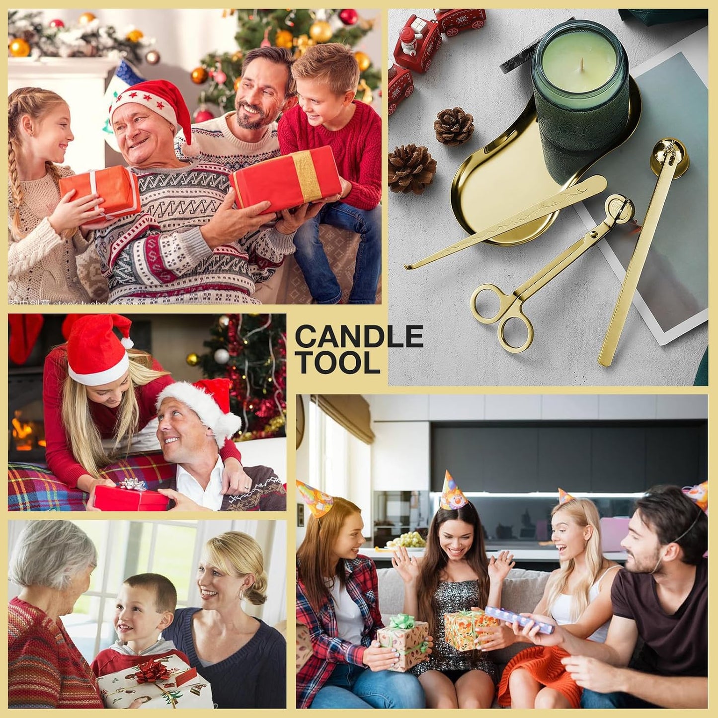PATOISE 4 in 1 Candle Snuffer Set, Candle Wick Trimmer Cutter, Candle Accessory, Candle Wick Dipper, Tray Holder, Christmas Home Decor Gift for Candle Aromatherapy Lovers(Mini 4PCS Gold)