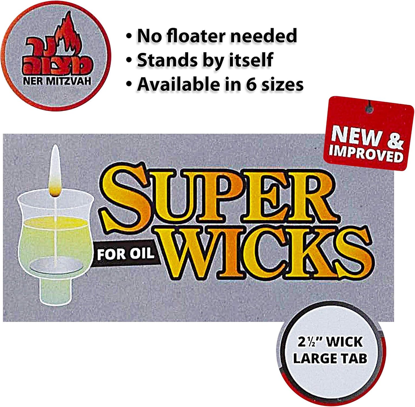 Ner Mitzvah Self Standing Cotton Wicks for Glass Oil Cup, Large Tabs, 2.5 inch Wicks, No Floater Needed, for Candle Lighting, Multipurpose (Pack of 50)