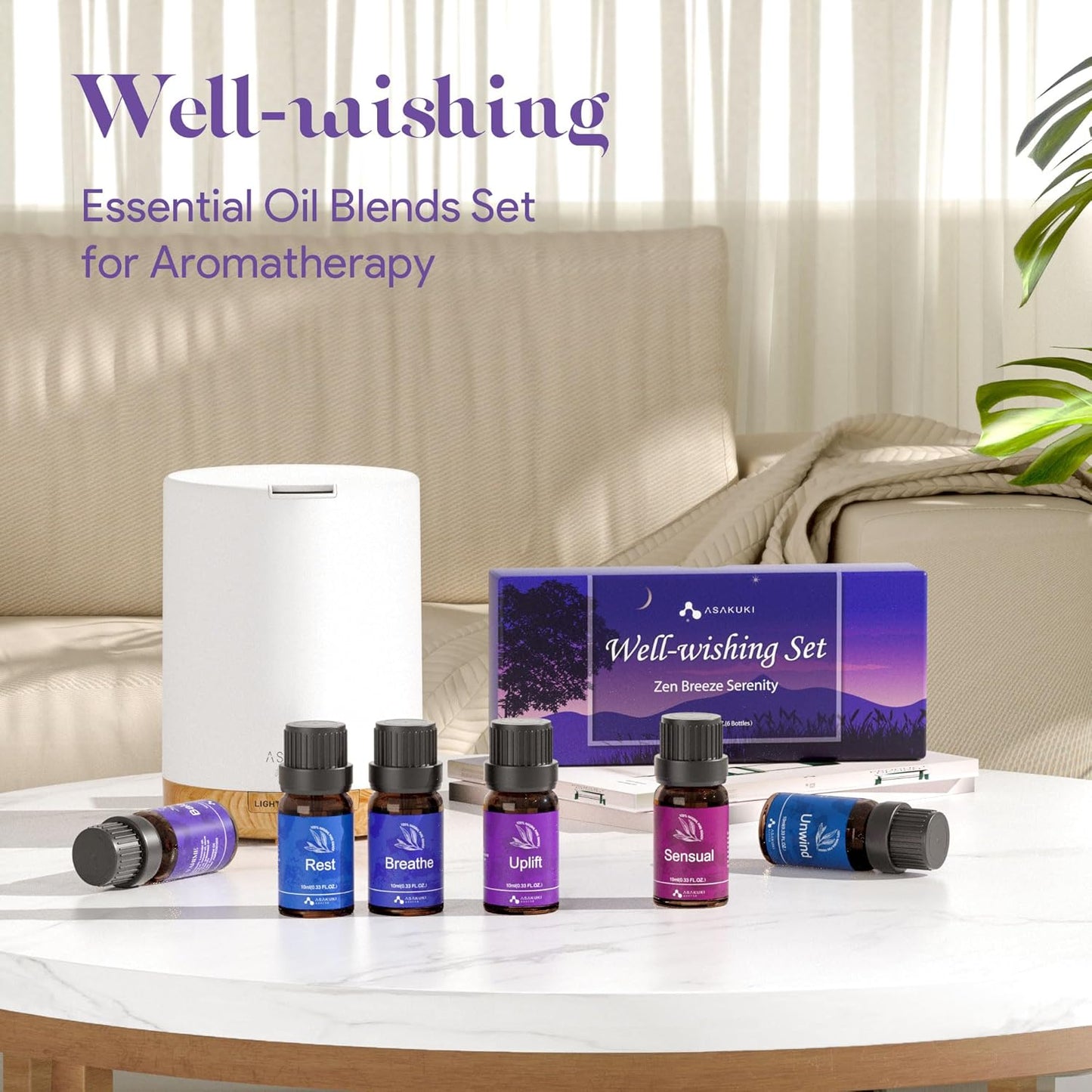 ASAKUKI Essential Oils for Diffuser –6 Mood Essential Oil Blends (Breathe, Uplift, Sensual, Balance, Unwind, Rest) for Morning to Night Rituals, Home & Daily Use- Gifts for Mom