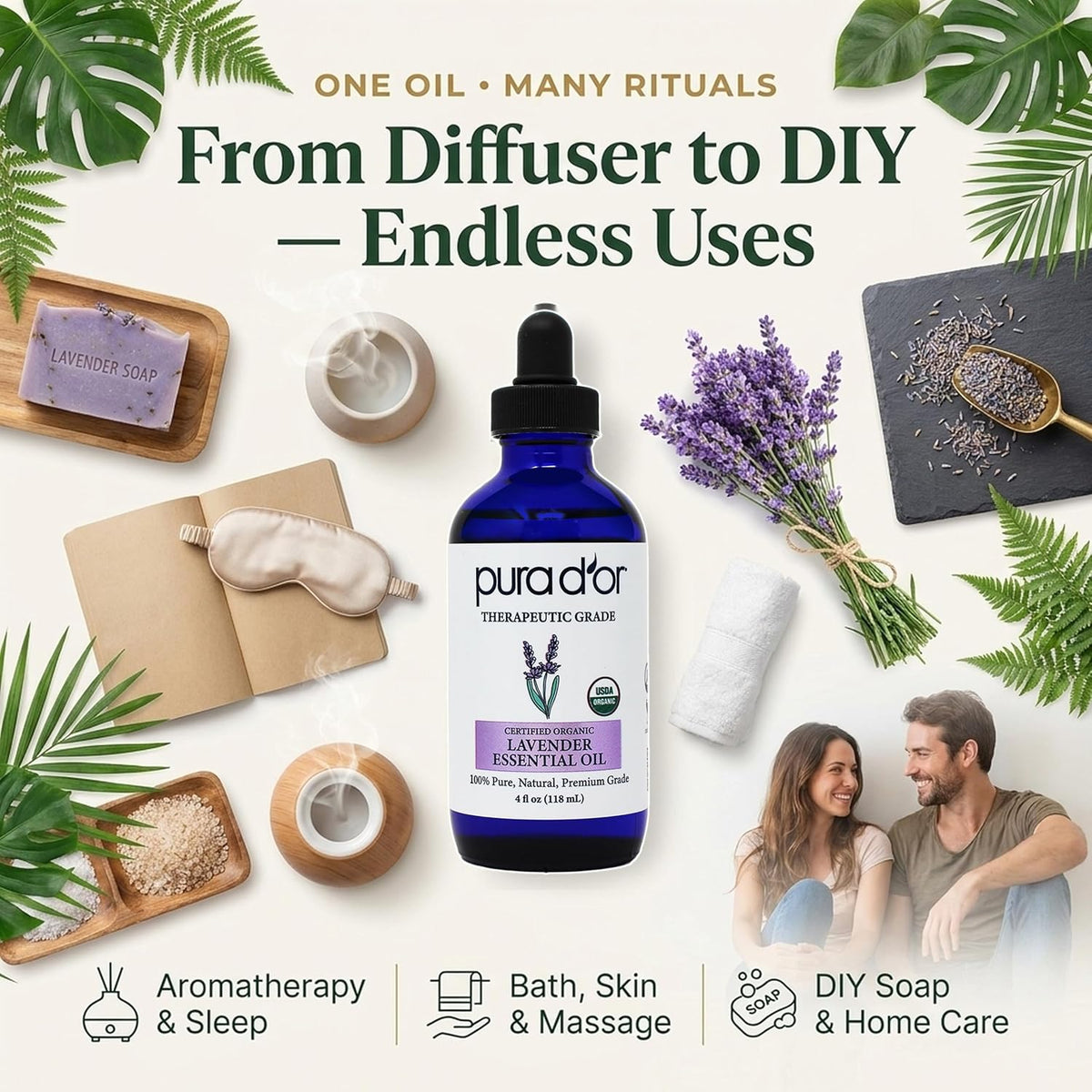 PURA D'OR Organic Lavender Essential Oil (4oz with Glass Dropper) 100% Pure & Natural Therapeutic Grade for Hair