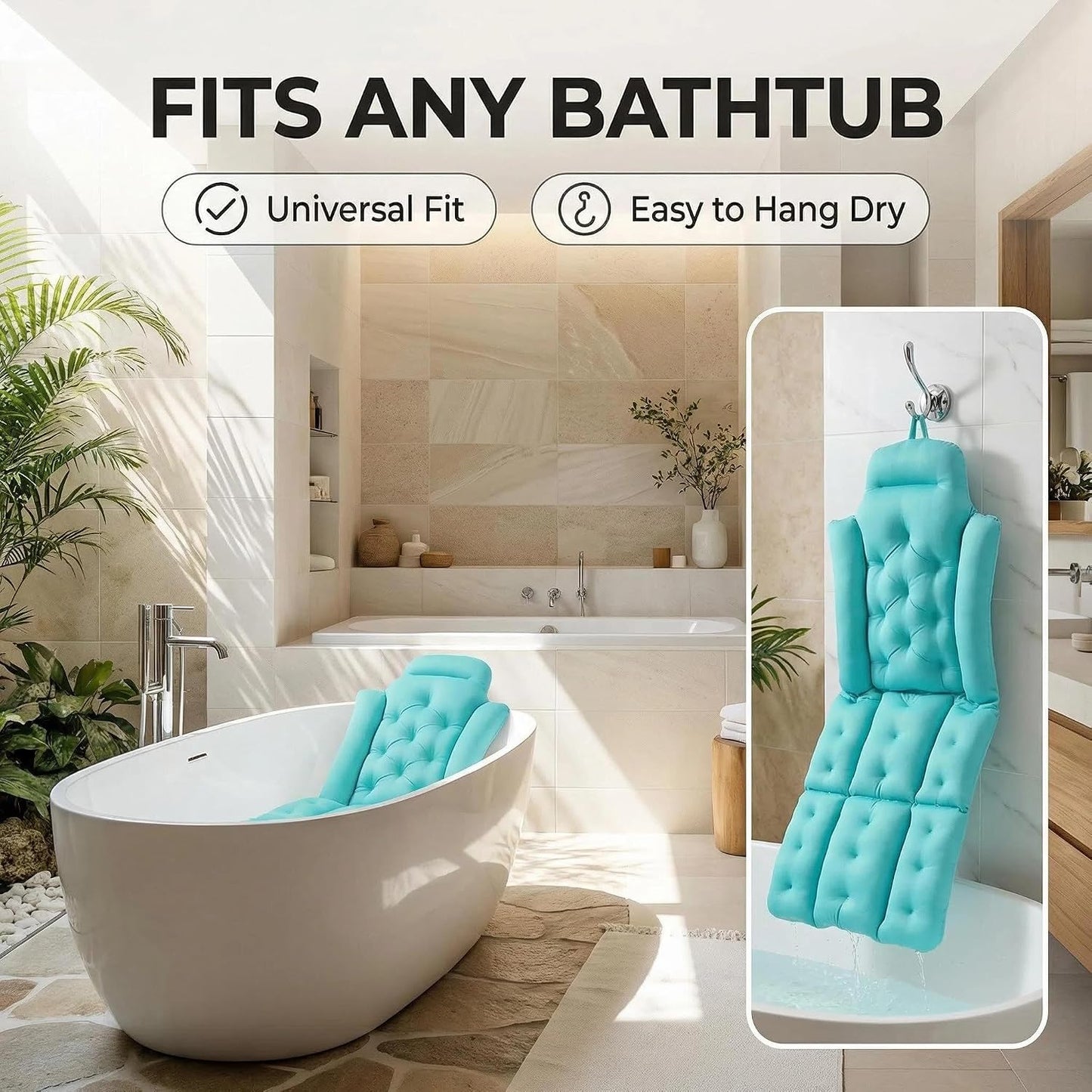 Full Body Bath Pillow for Bathtub, Thick & Luxury Bathtub Cushion with 144 Suction Cups, Bathtub Pillows for Head & Neck, Back Support, Ideal Bath Accessories for Gifts Spa, Soaking, Tub (Blue)