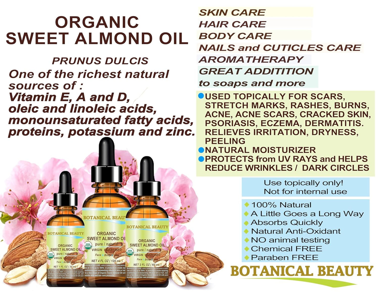 Botanical Beauty Organic SWEET ALMOND OIL 100% Pure Natural Virgin Unrefined Undiluted Cold Pressed Carrier Oil for Face, Skin, Body, Hair, Massage, Nails. 2 Fl. oz - 60 ml