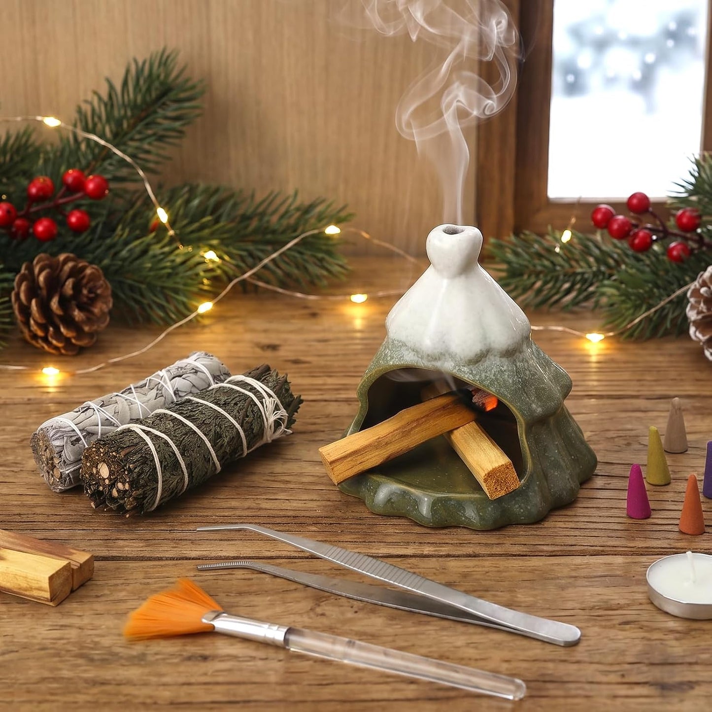 Palo Santo Chimney Palo Santo Holder Ceramic Christmas Tree Incense Holder for Sticks Sage Cones Incense Burner Cute Ceramic Mini Chimney for Meditation Yoga Room Home Decor (Christmas Tree-A)