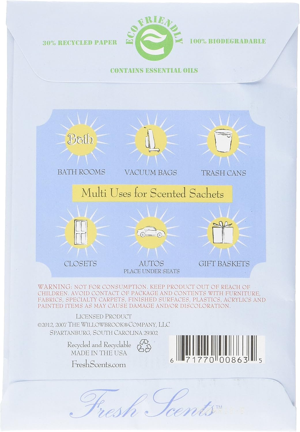Fresh Scents Scented Sachets - White Cotton, Lot of 6