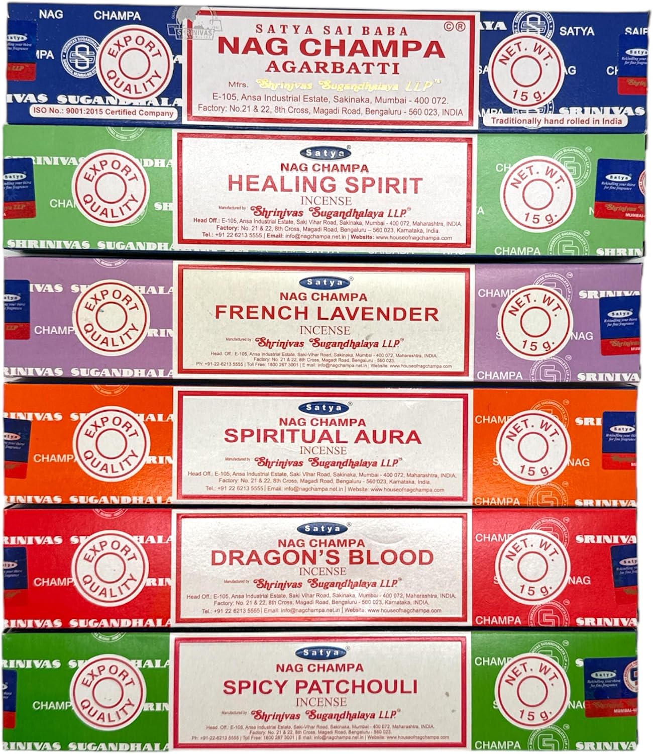 Satya Nag Champa Patchouli Lavender Spiritual Aura Dragon Blood Healing Spirit - Satya Incense Sticks Assorted Set of 6 Pack