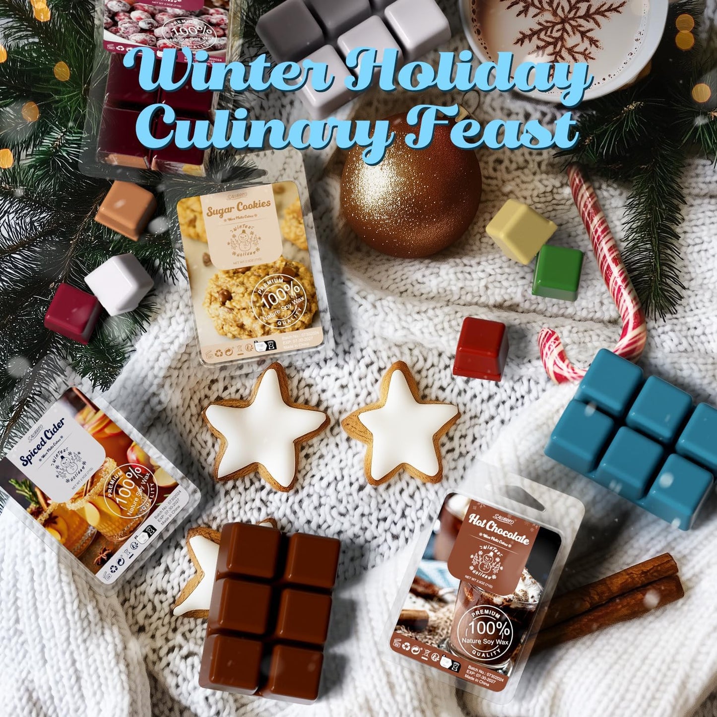 Salubrito Winter Scented Wax Melts, Strong Scented Soy Wax Cubes/Tarts Variety Set - Christmas Tree, Gingerbread, Candy Cane, Spiced Cider, Cranberry, Apple Cinnamon, Sugar Cookies, Hot Chocolate