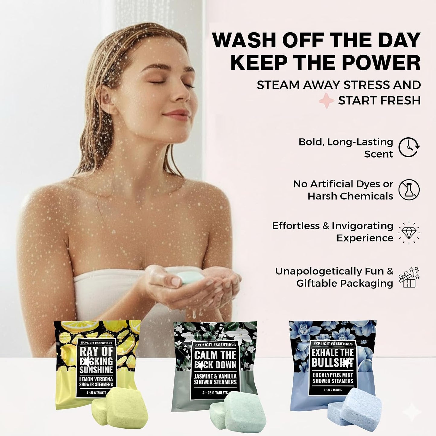 Explicit Essentials Shower Steamers Gift Set | 12 Aromatherapy Shower Steamers (3 Scent Trio) | Eucalyptus Mint, Jasmine Vanilla & Lemon Eucalyptus | Relaxation & Stress Relief Spa Gift for Self-Care