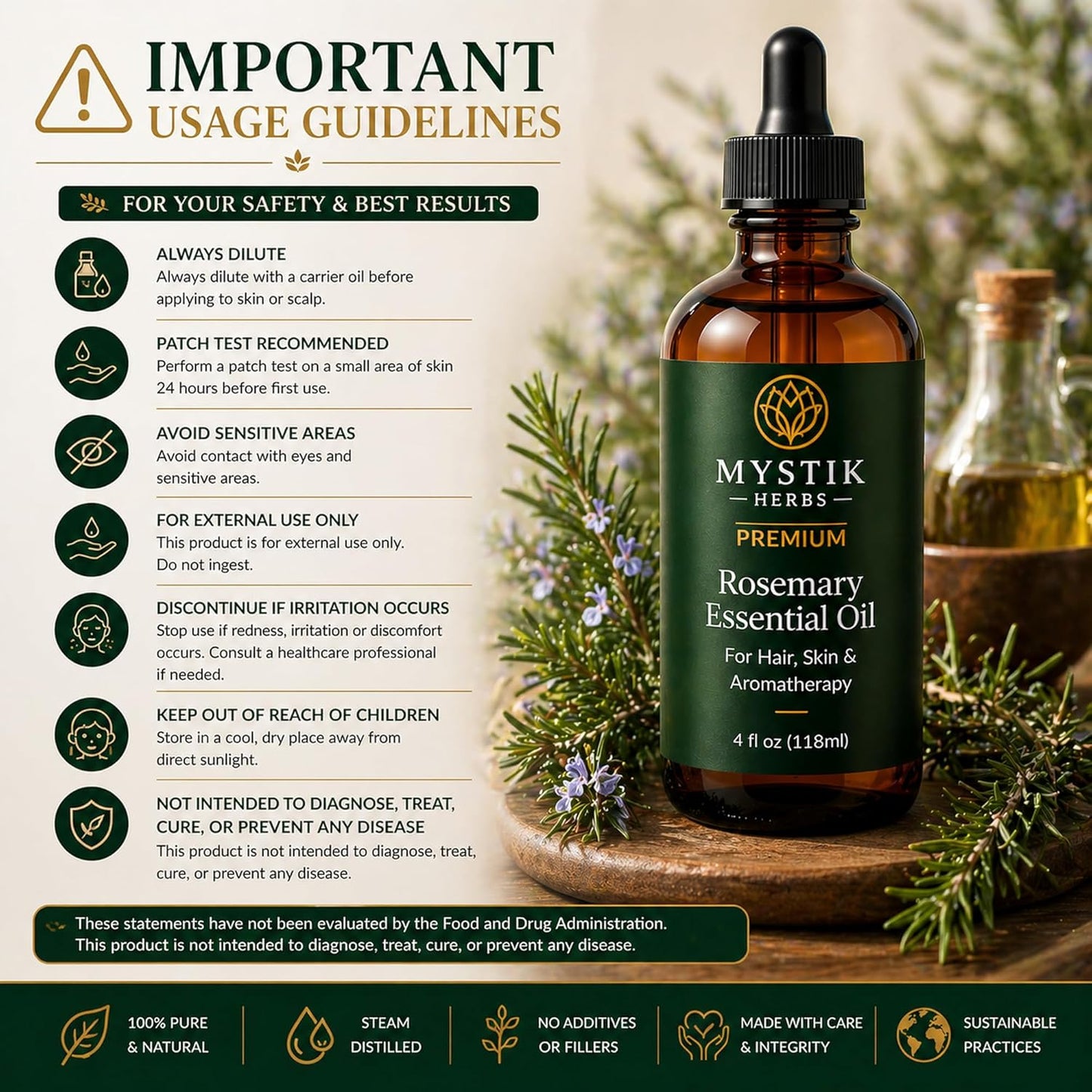 Premium Rosemary Essential Oil for Hair & Scalp, 100% Pure Undiluted Rosemary Oil for Hair Care, Skin & Aromatherapy, 4 fl oz (118ml)