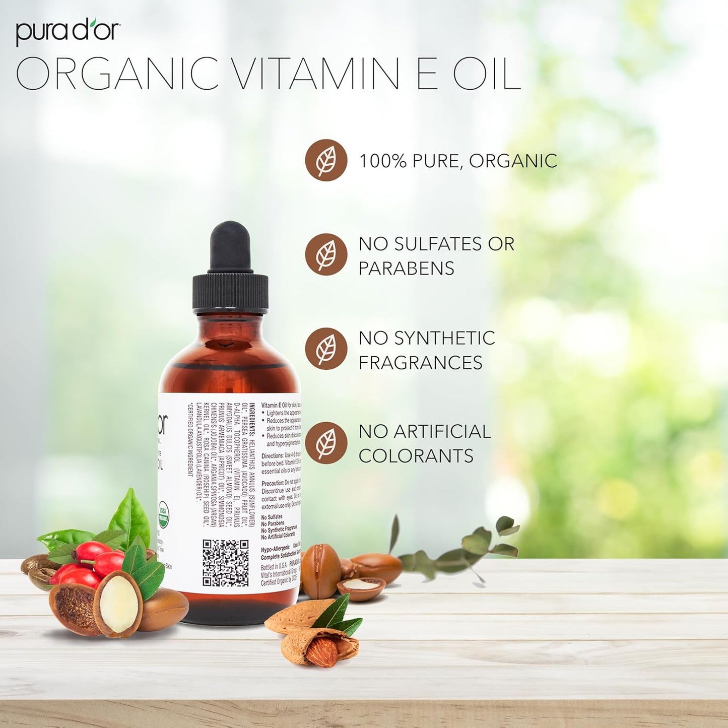 PURA D'OR 4 Oz Organic Vitamin E Oil 70,000 IU, USDA Certified Ayurvedic Skin Care, Face, Body w/Argan, Jojoba, Rosehip, Apricot, Almond & Avocado, Lightweight Moisturizer for Soft, Smooth Skin