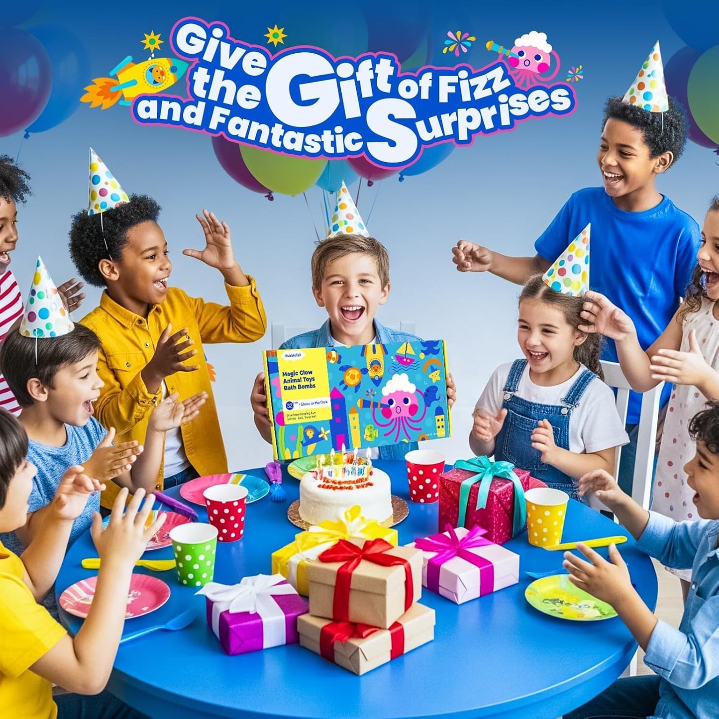 Bath Bombs for Kids with Surprise Inside, 32 Pack 1.8-Inch Fizzy Bath Bombs with 32 Different Glow-in-the-Dark Animal Toys, Kid-Friendly, Non-Toxic, 8 Scents, Birthday Party Favors & Stocking Stuffers
