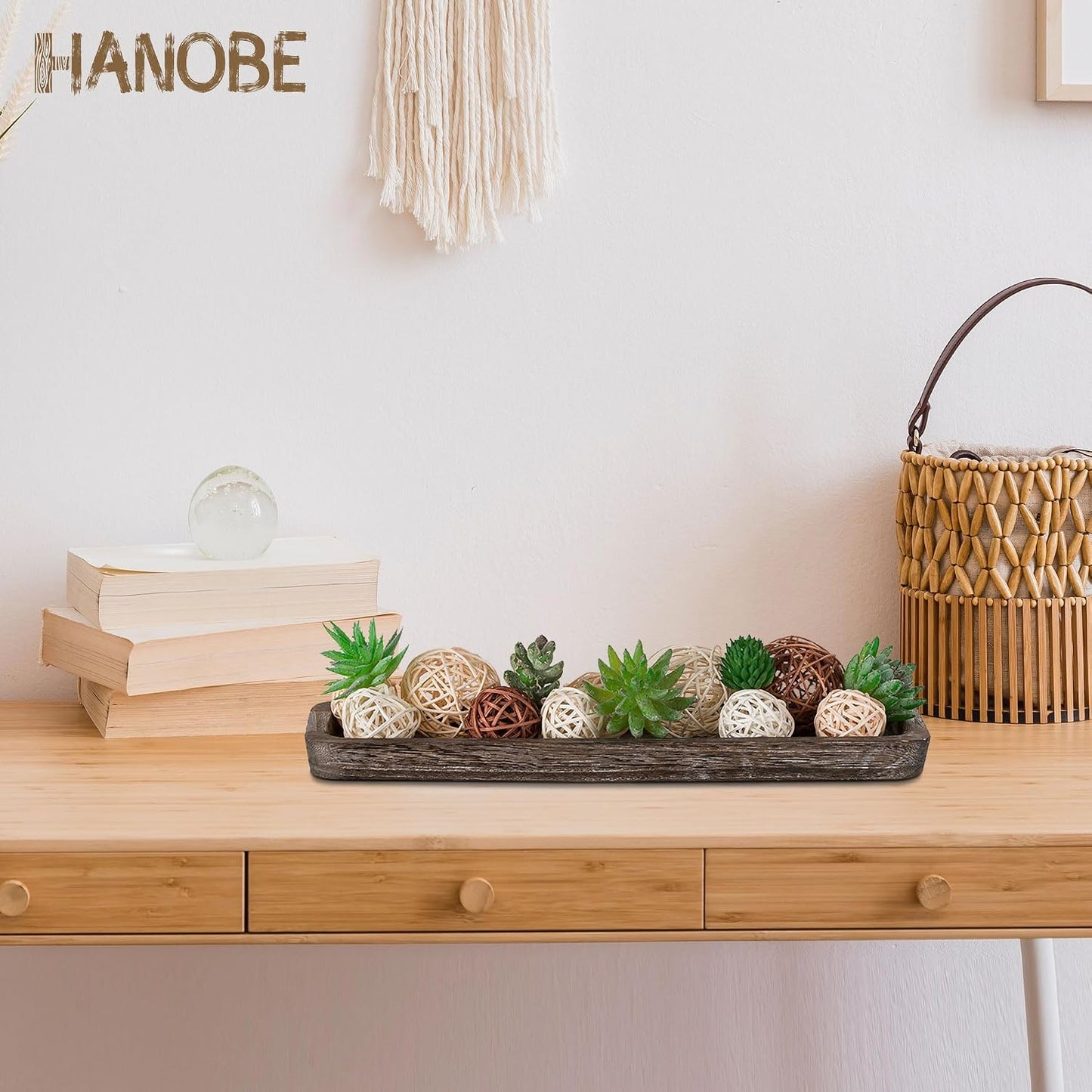 Hanobe Rustic Wood Centerpiece Tray: Decorative Tealight Candle Holders Long Farmhouse Candle Plate Wooden Table Centerpiece for Dining Room Kitchen Coffee Table Rectangular Trays Home Decor