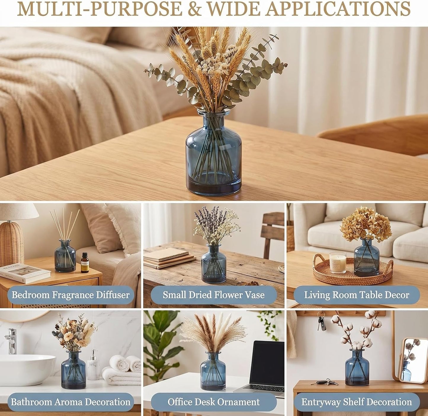 1PCS 150ml/5oz Empty Refillable Glass Diffuser Bottle Diffuser Jars Aromatherapy Storage Container Fragrance Accessories Use for DIY Replacement Reed Diffuser Sticks Crafts Decor (Blue)