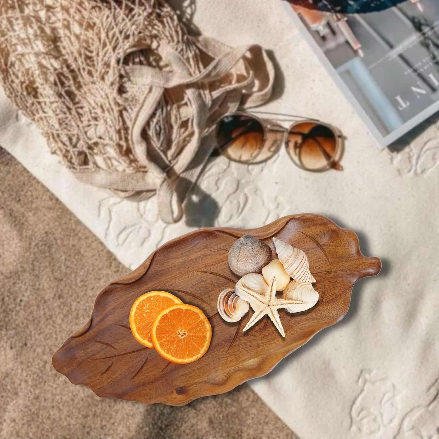 Acacia Wood Leaf Tray - 14" Decorative Tray for Candles, Perfume, Leaf Wooden Jewelry Tray Trinket Dish - Farmhouse Table Centerpiece - Wooden Trays for Coffee Table Wedding Home Decor