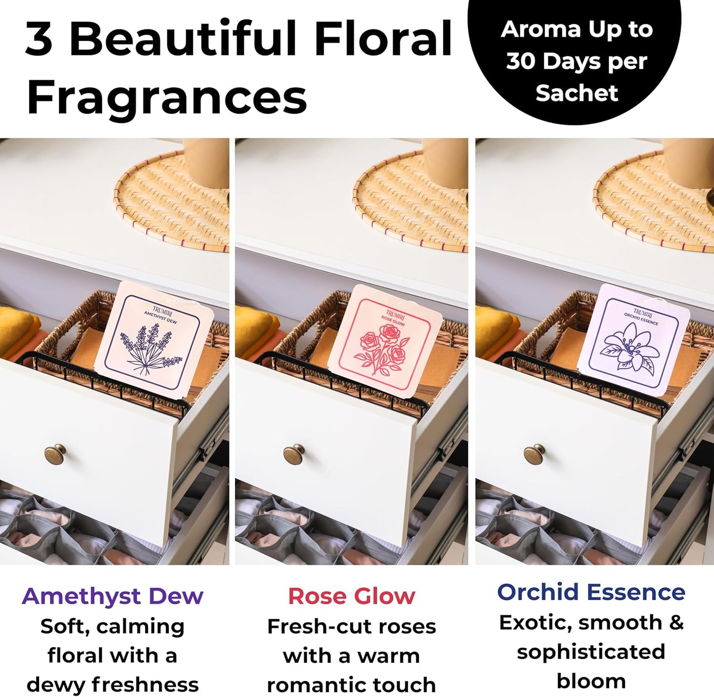 Scented Sachets for Drawer and Closet Freshener with Long Lasting Scent - Variety Pack of 3 - Amethyst Dew|Orchid Essence|Rose Glow - Home Fragrance Sachet - Olores para Closet De Ropa