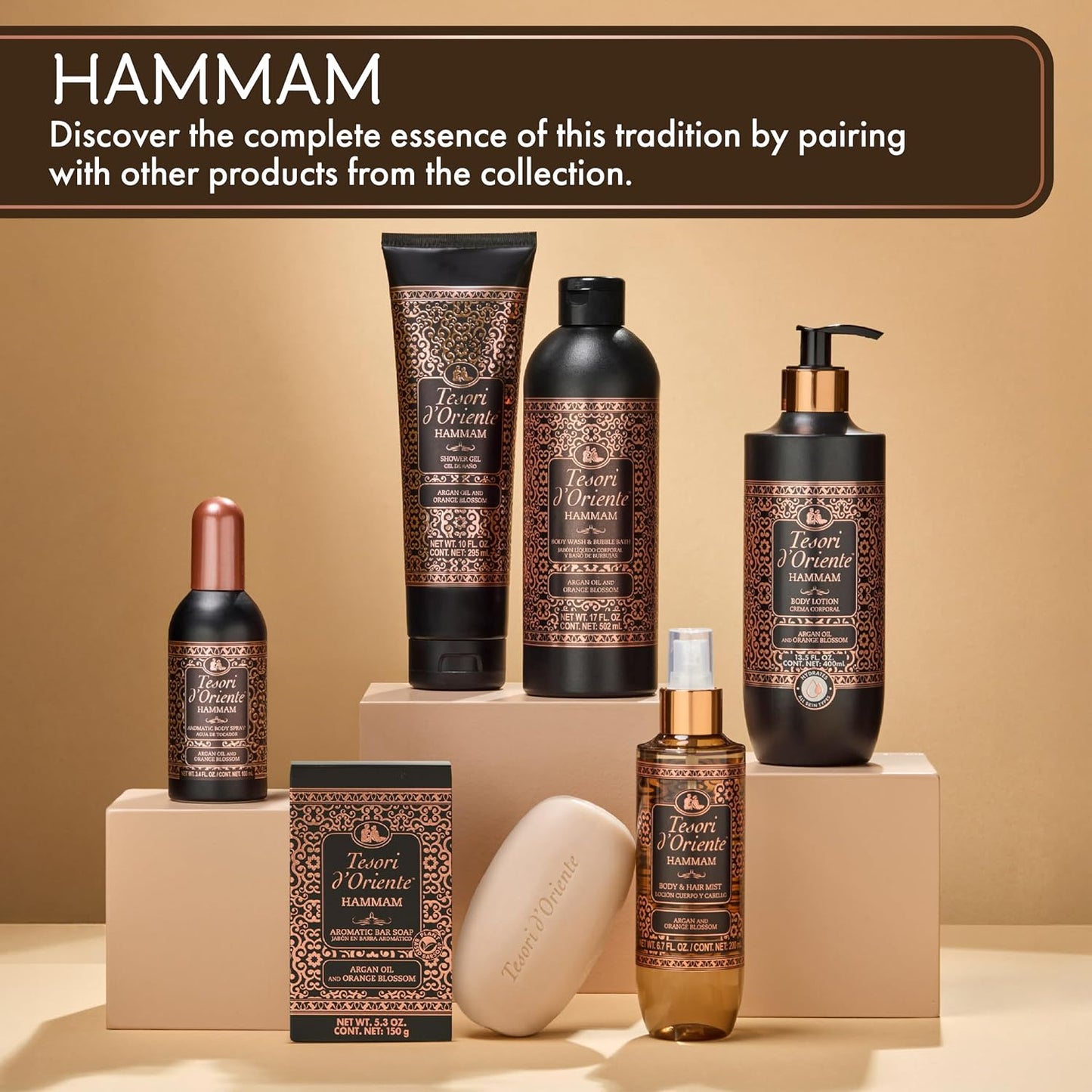 Tesori d’Oriente Hammam Body Wash & Bubble Bath, 17.5 fl oz, Gentle, Hydrating Shower Gel with Argan Oil & Vitamin E, Warm Orange Blossom Scented, No Silicones, Parabens & Mineral Oil