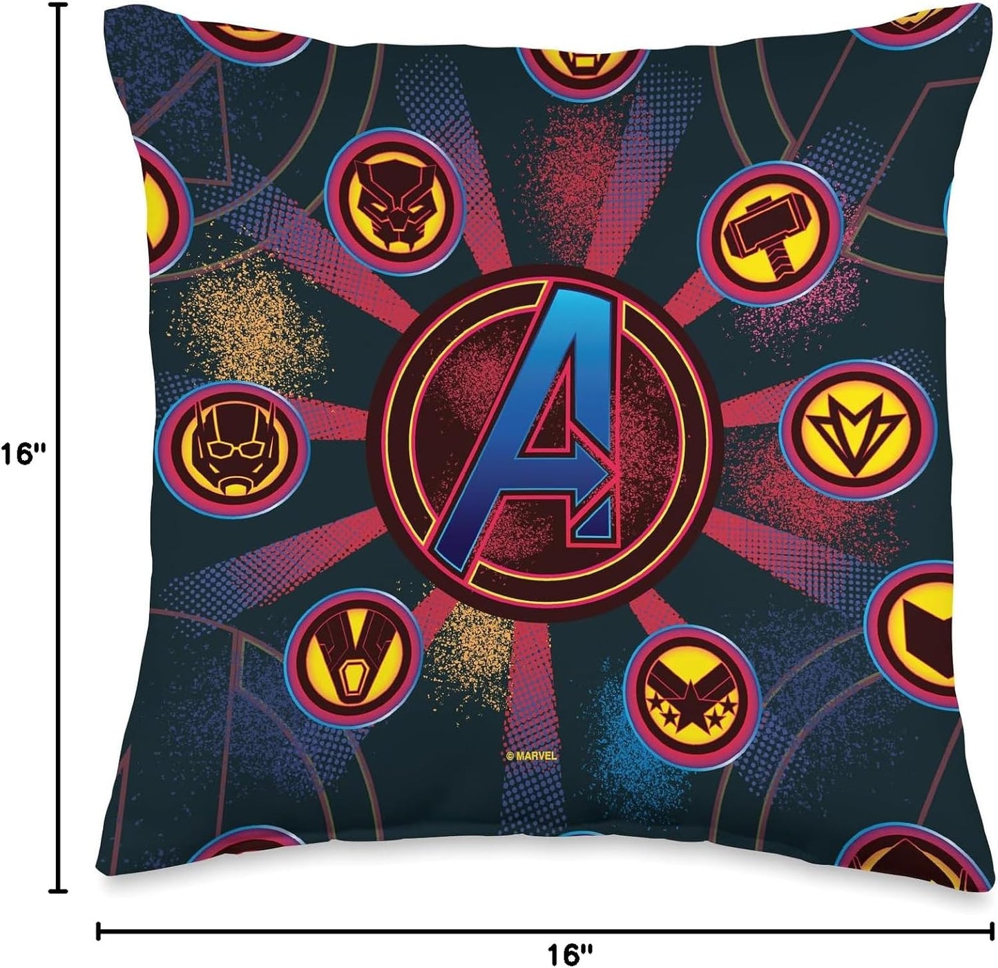 Marvel Avengers Super Hero Icons Neon Spray Paint Throw Pillow, 16x16, Multicolor
