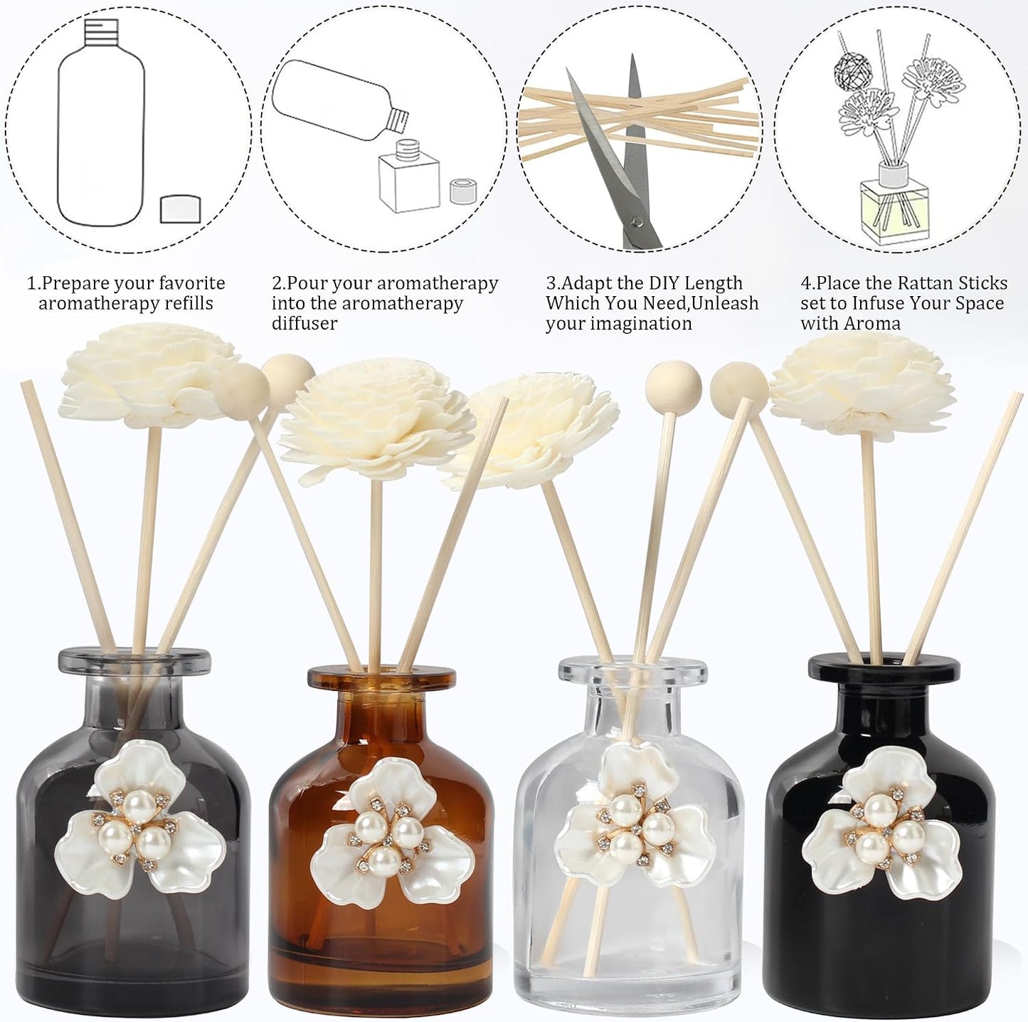 Empty Fragrance Glass Reed Diffuser Bottles 100ml/3.5oz 4 Pack with 12pcs Reed Diffuser Sticks,Refillable,Aromatherapy Storage Containers,DIY Replacement for Reed Diffuser Sets(4 Color)
