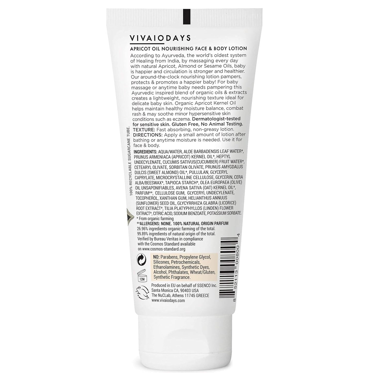 VIVAIODAYS Certified Organic Apricot Oil Nurishing Face & Body Lotion for Baby & Family, Gentle Hydration even for Sensitive Skin, 3.4 fl. oz.