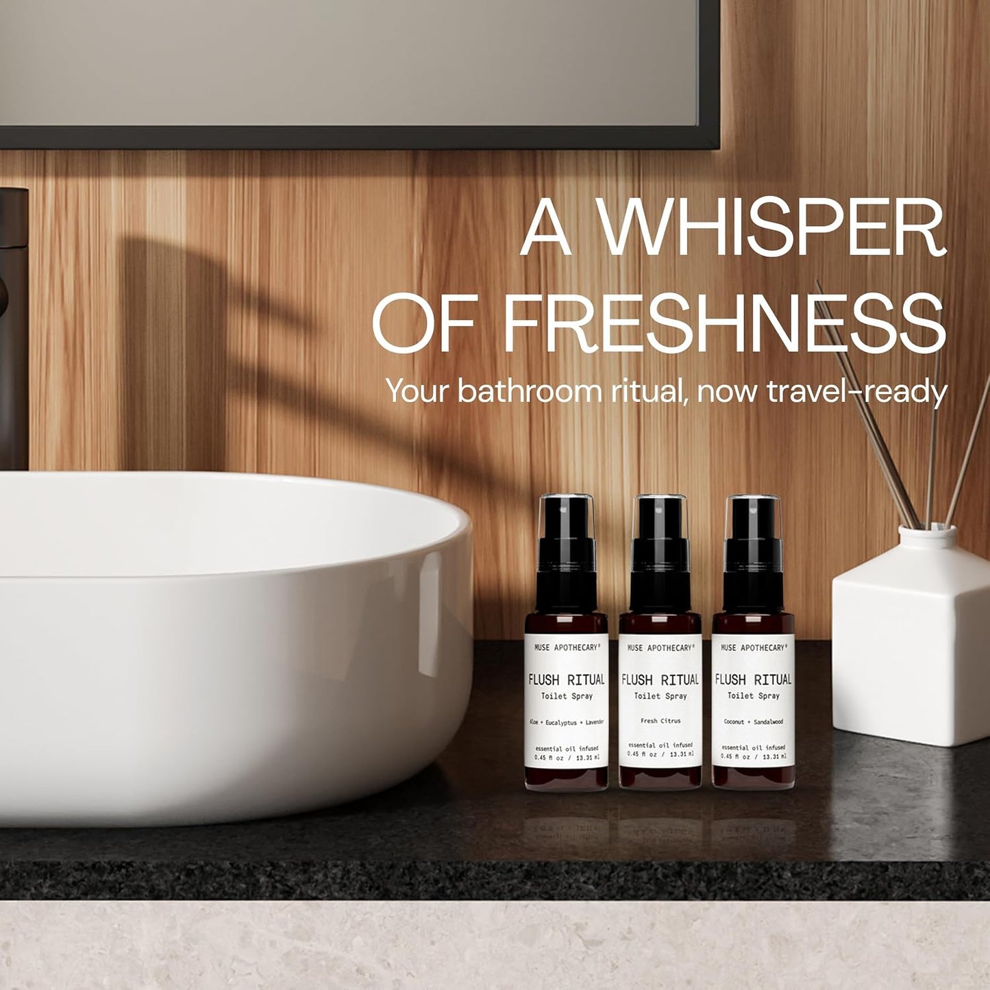 Muse Apothecary Flush Ritual - Aromatic & Refreshing Toilet Spray, Use Before You Go, Infused with Natural Essential Oils - Travel Size Mini Collection, 0.45 oz, 3 Pack