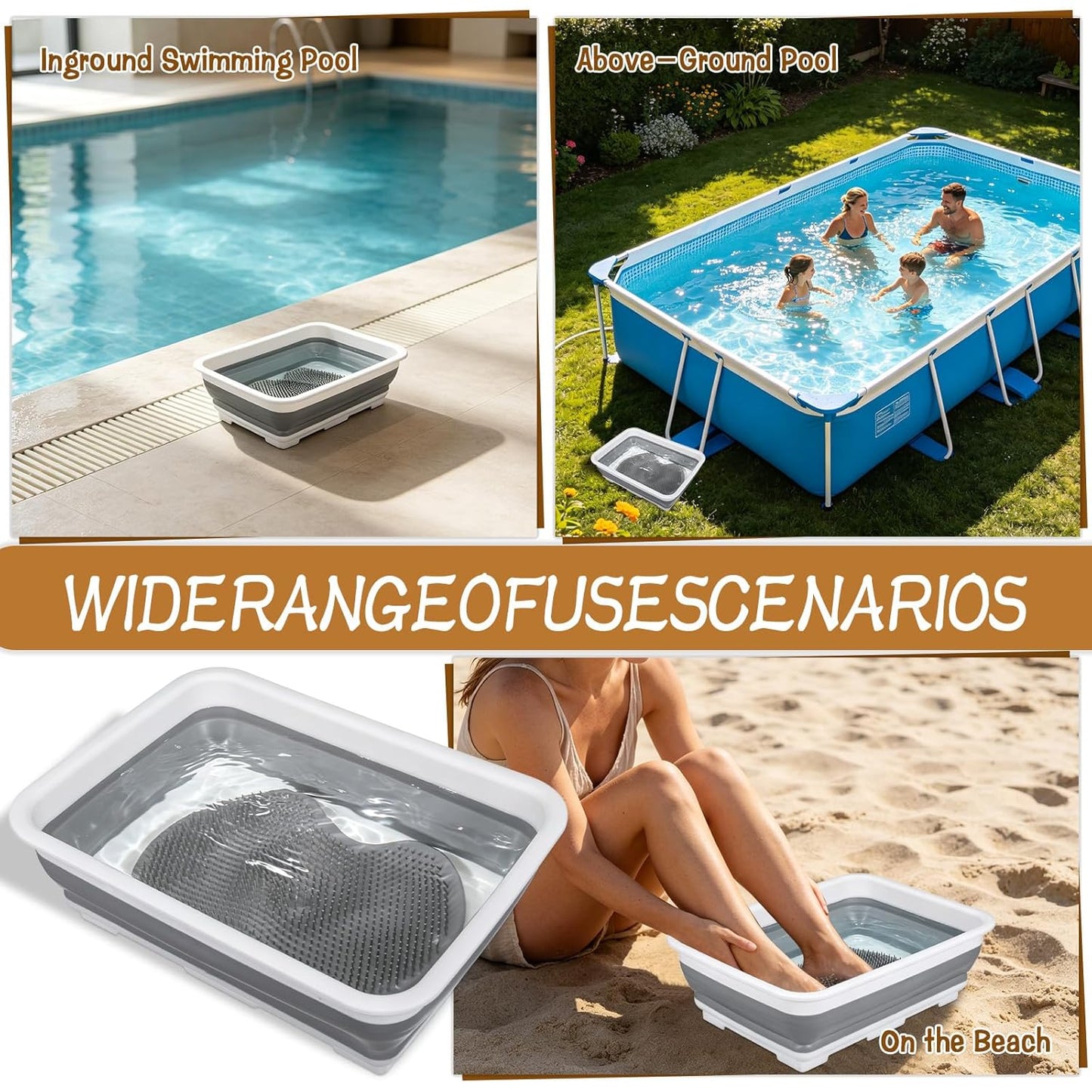Collapsible Portable Pool Foot Bath, Non- Slip Collapsible Pool Foot Wash Basin Tub for Swimming Pool Ladder Above Ground Swimming Pools Accessories Beach Hot Tub, Keeps Water Clean