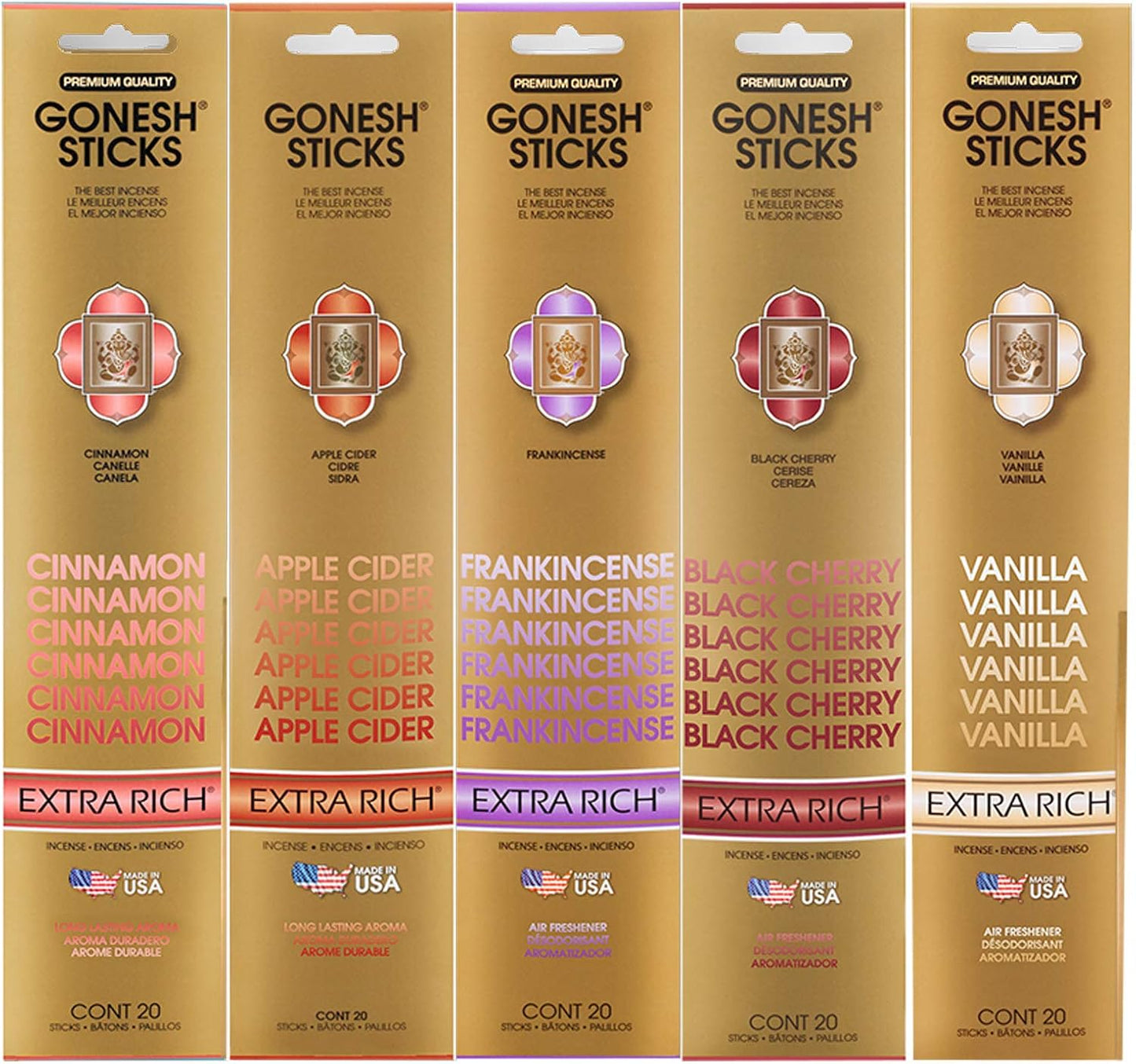 Gonesh Incense Extra Rich Collection Variety Pack, 5 Packs, 20 Sticks Each (Cinnamon, Apple Cider, Frankincense, Black Cherry, Vanilla)