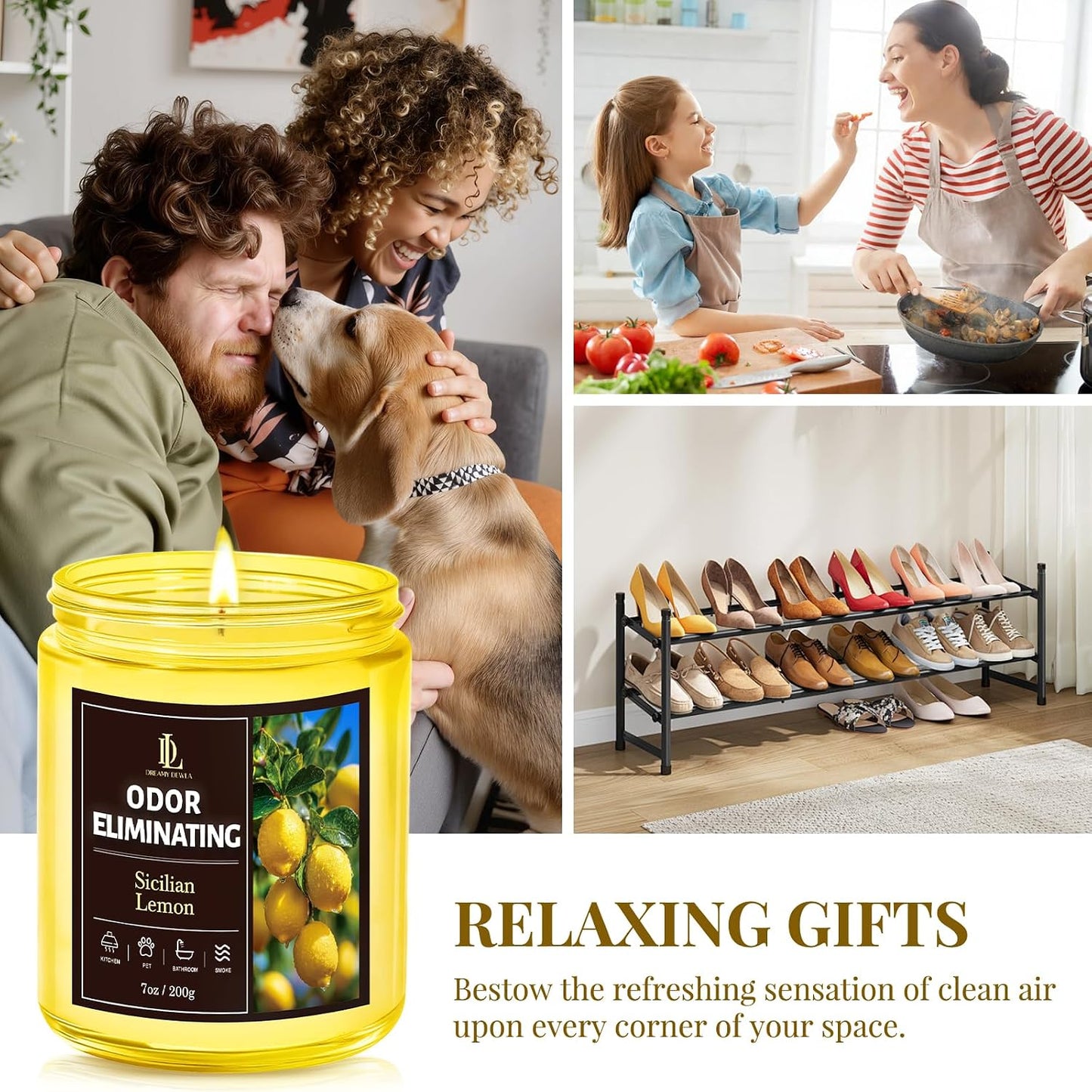 Sicilian Lemon Odor Eliminating Highly Fragranced Candle, Eliminates 95% of Kitchen Grease & Pet Odors Quickly, Air Freshing Scented Candles, Soy Candle Gifts for Women Men, 7oz