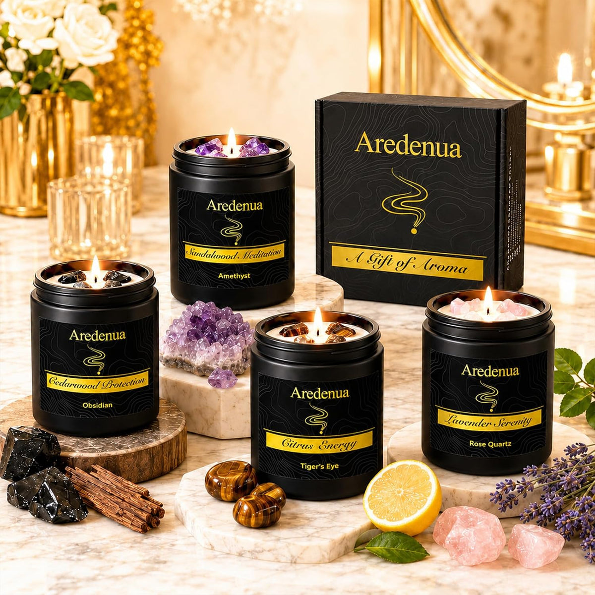 4-Pack Scented Candles with Crystals, 28 oz Soy Candles for Women Men