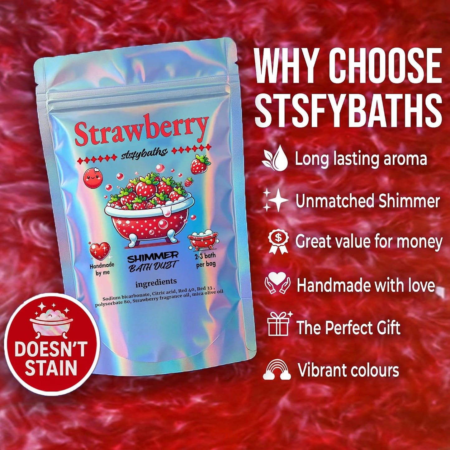 Red Shimmer Bath Bomb in A Bag - Handmade Strawberry Scented Bath Bombs for Women, Kids and Men - Bulk Bathbomb Fizzies Perfect for Boys and Girls All Ages (Small, Red)