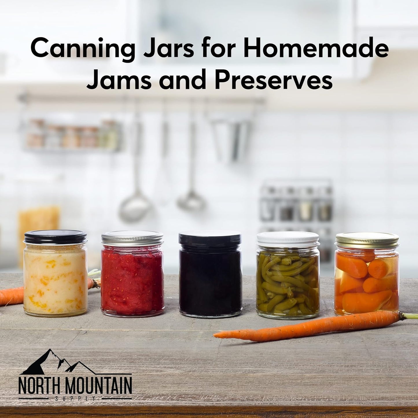 North Mountain Supply 9 Ounce Clear Glass Straight Sided Mason Canning Jars- With 70mm Gold Metal Lids - Case of 12
