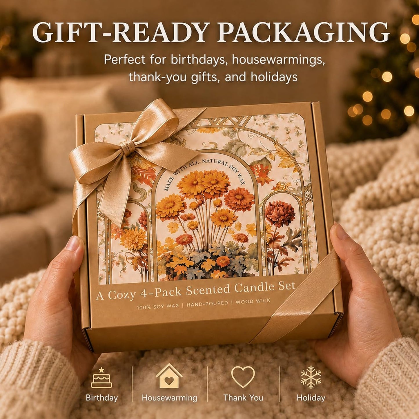 Wood Wick Candles Gift Set, 4 Pack 28 oz Scented Soy Candles, Crackling Wooden Wicks, Amber Glass Jars for Home, Birthday and Housewarming Gifts for Women and Men