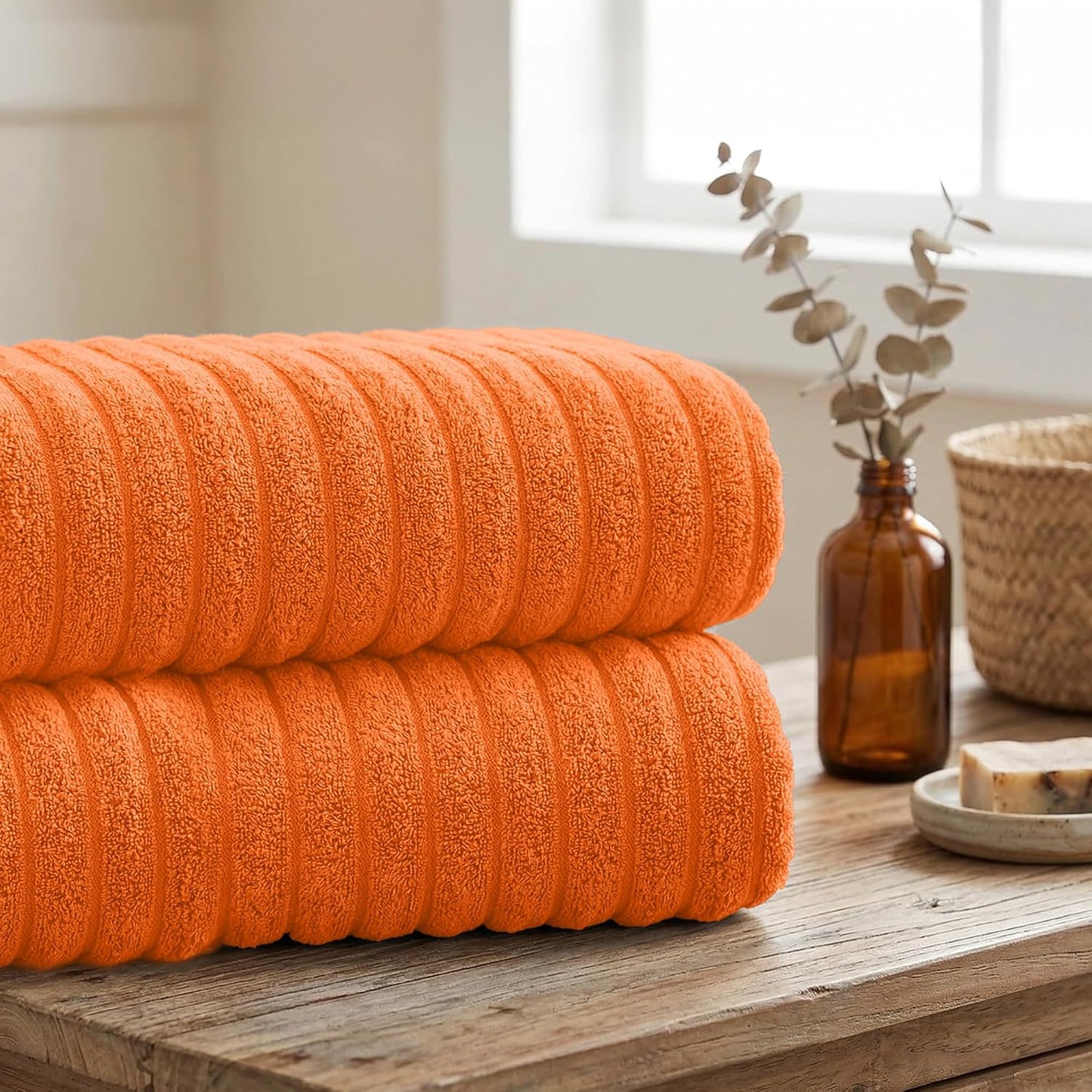 RIVERSIDE Pack of 2 Extra Large Bath Sheet Towels, 35 x 70 Inches, 600 GSM, Ribbed Stripe, 100% Cotton - Super Soft, Highly Absorbent & Quick Dry for Bathroom, Spa & Hotel, Orange