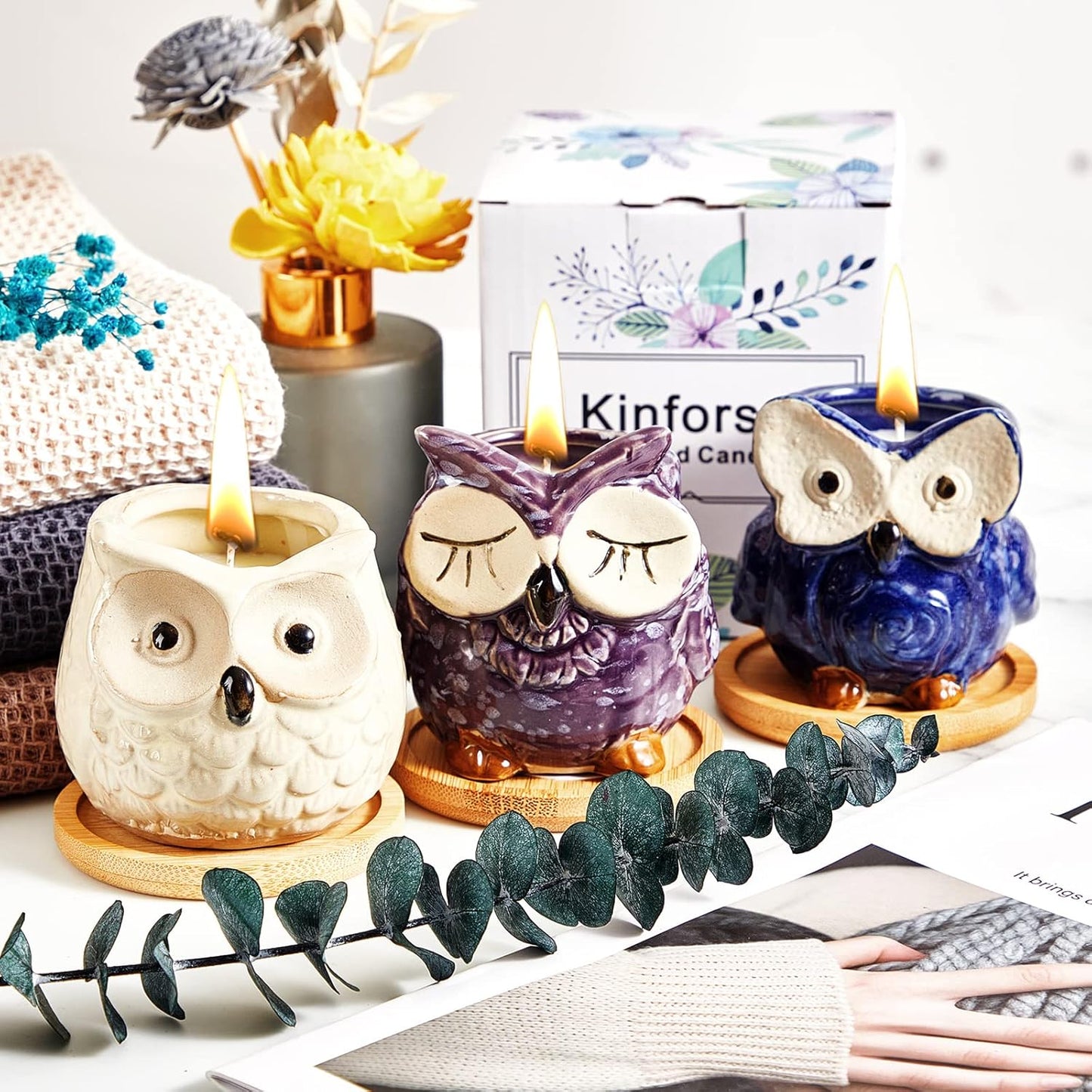 Kinforse Scented Candles Gifts for Ladies, Birthday Presents for Women,Owl Gifts for Women Lavender Candle, Best Friend Unique Happy Birthday Bath Candle Set Gift Ideas with Marbling Gift Box……