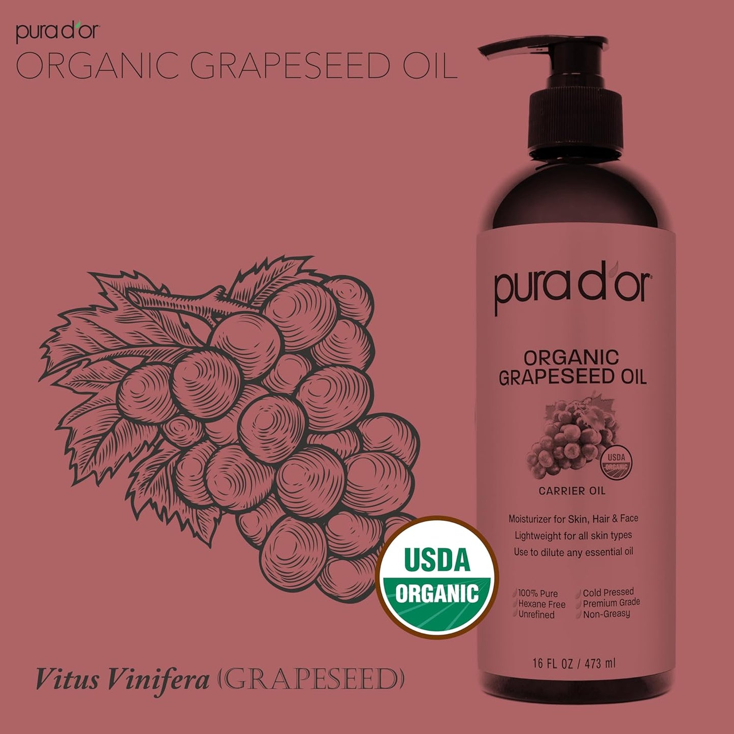 PURA D'OR ORGANIC Grapeseed Oil (16 Oz) 100% Pure & Natural USDA Certified Cold Pressed Carrier Oil For DIY Beauty - Unscented, Hexane Free Liquid Moisturizer - Face Skin & Hair