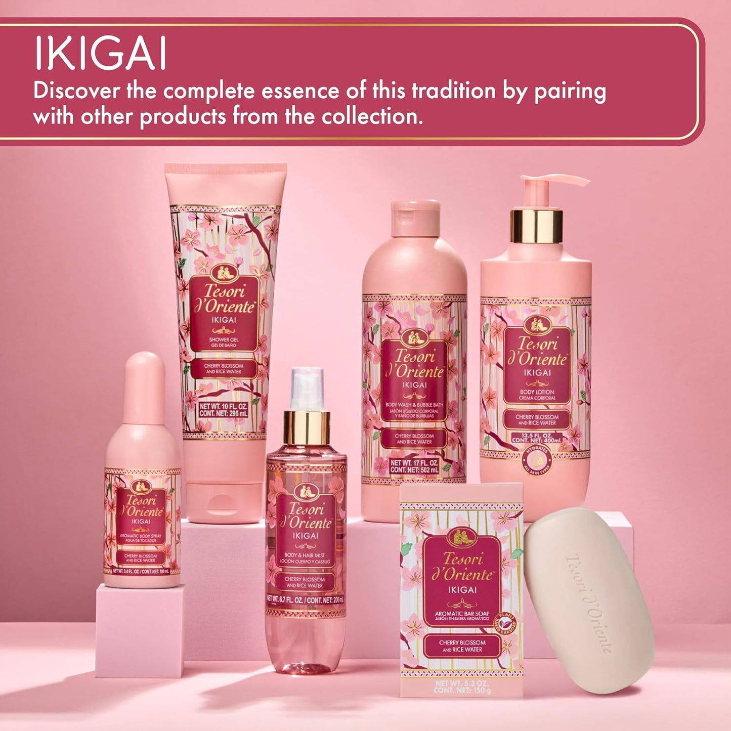 Tesori d’Oriente Ikigai Body Wash & Bubble Bath, 17.5 fl oz, Cherry Blossom Scented, Gentle Hydrating Shower Gel with Rice Water & Vitamin-E, No Silicones, Parabens & Mineral Oil