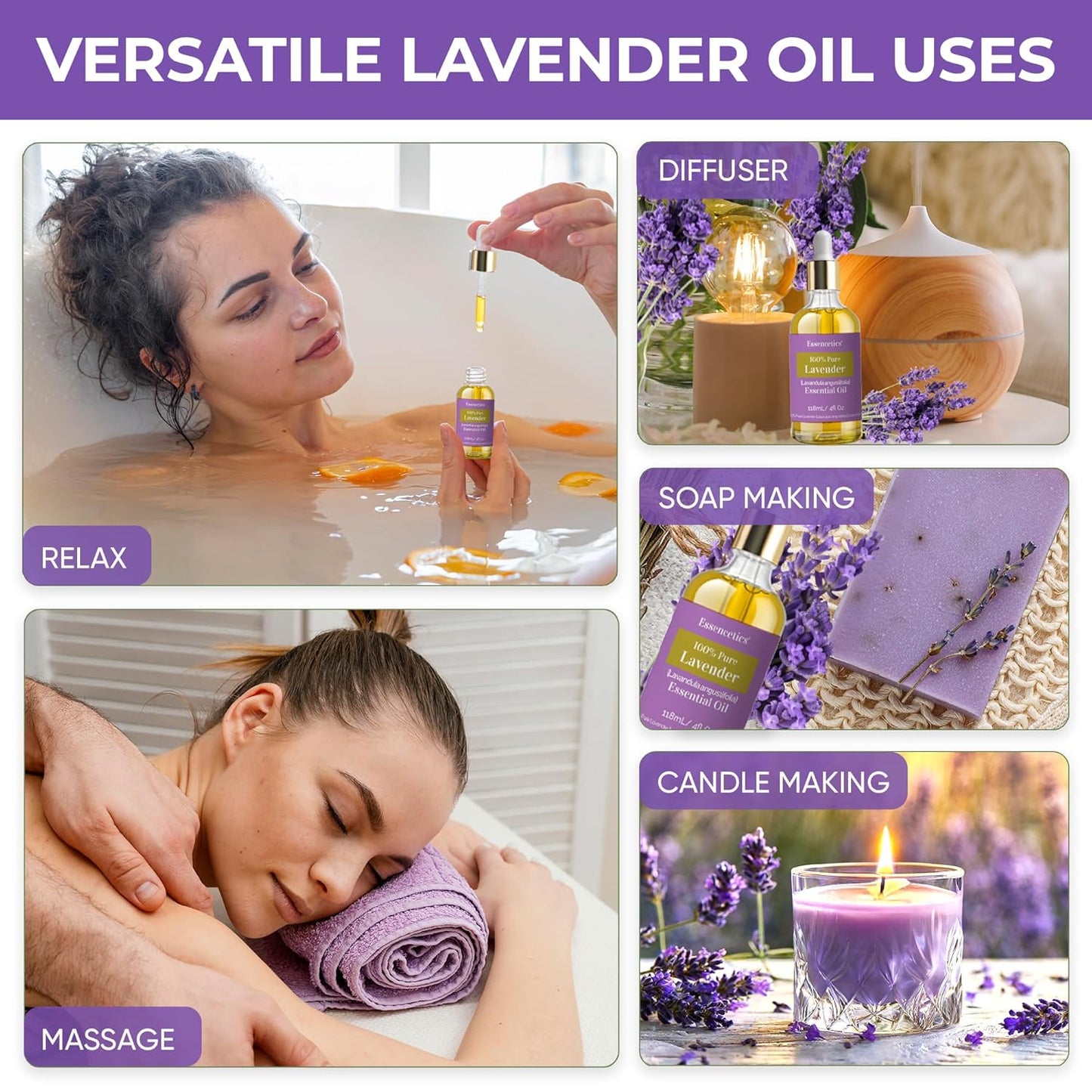 Organic Lavender Essential Oil for Diffuser 4oz - 100% Natural - Therapeutic Grade Pure & Organic Lavender Oil for Aromatherapy Skin Hair & Diffuser