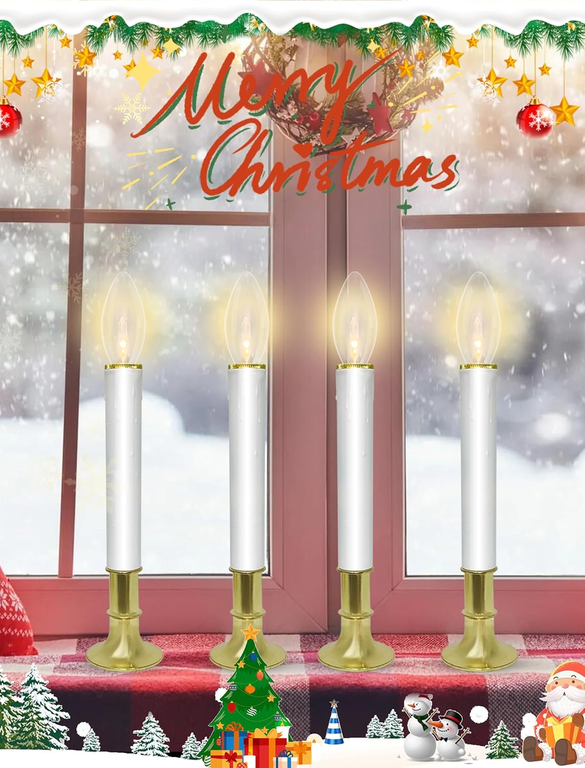 10 Pack Ultra-Bright LED Christmas Window Candles with Brass-Plated Base, Battery Operated Flameless Candles with LED C26 Warm White Bulbs Christmas Window Lights for Holiday Home Wedding Decorations