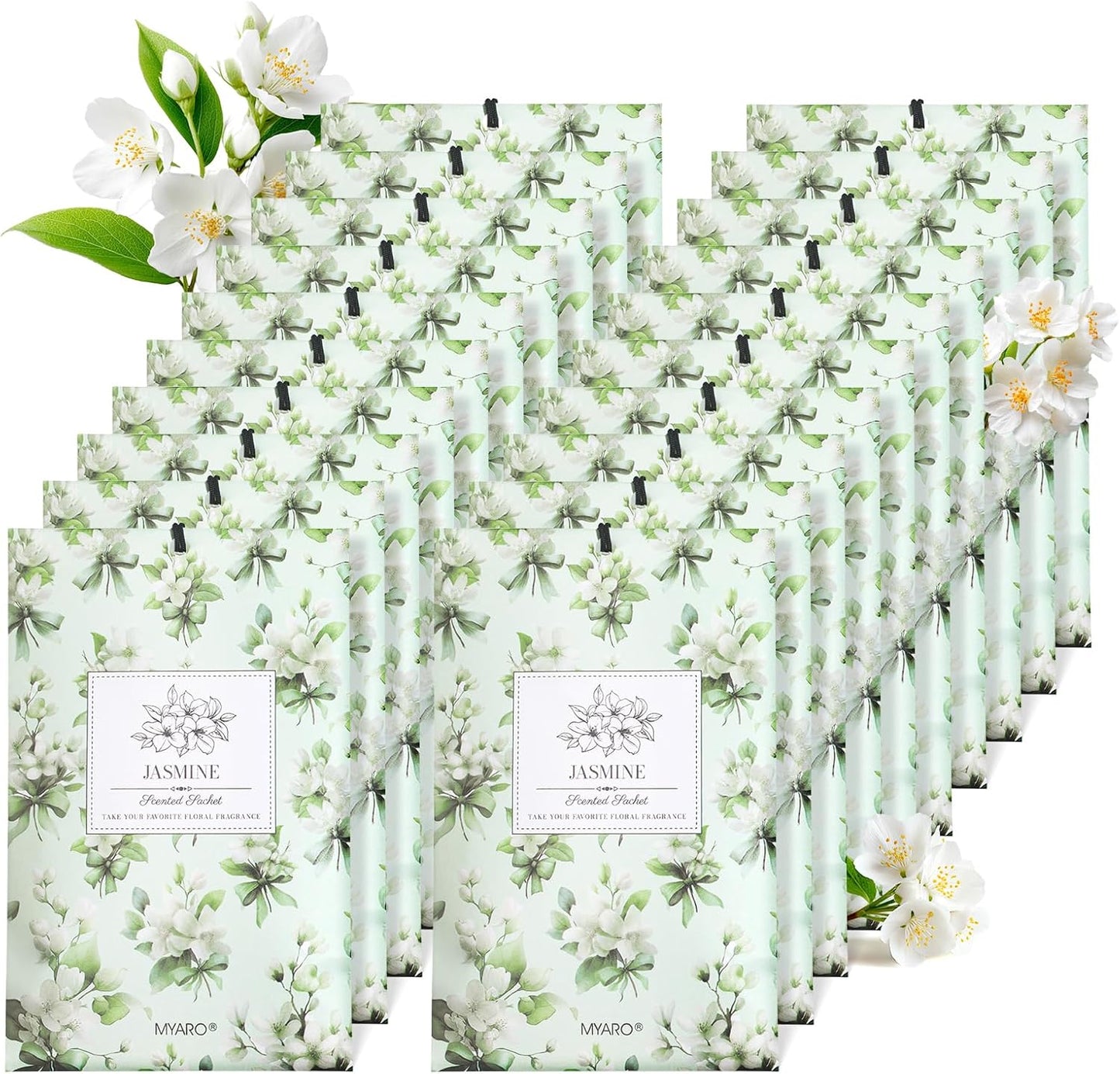 MYARO 20 Pack Jasmine Scented Sachets - Fresh Drawer & Closet Air Freshener Bags, Odor Eliminator for Bathroom, Lingerie Drawers, Car & Travel