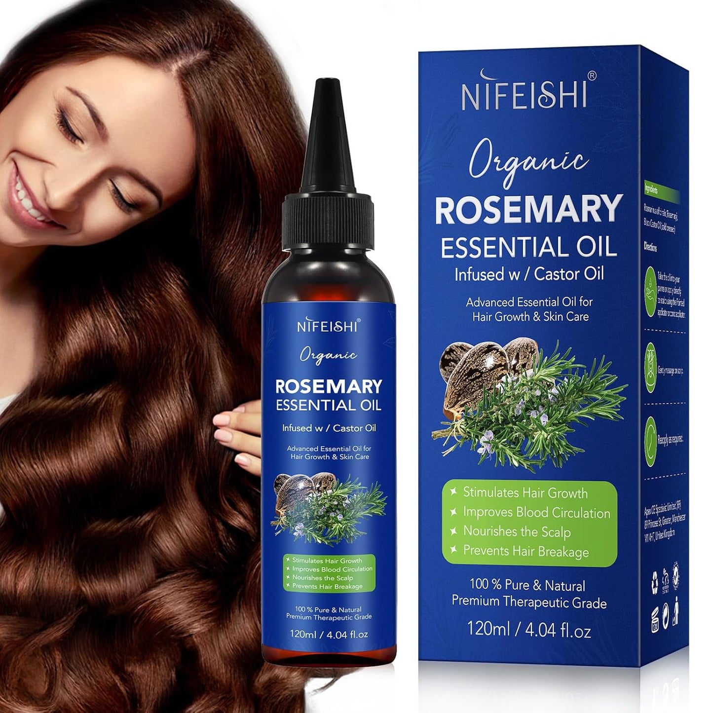 Rosemary Essential Oil for Hair Growth, Scalp Massage and Body - 120ml Pure Organic Infusion with Castor Oil, Improves Blood Circulation, Reduces Hair Loss